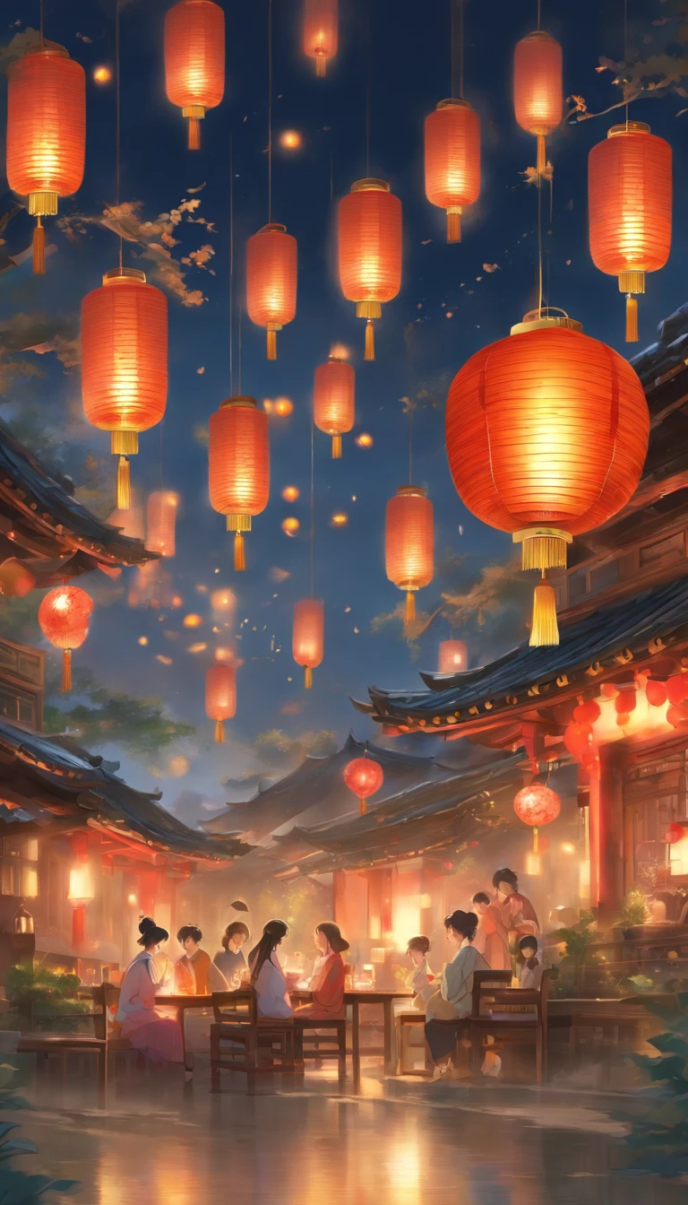 The family sits together, Enjoy a festive dinner, Surrounded by a warm and comfortable atmosphere. The room was beautifully decorated,Equipped with lanterns, Symbolizes the joy of the Mid-Autumn Festival. The table is filled with a variety of delicacies, Includes traditional mooncakes. Moonlight shone through the windows, Cast a soft glow on everyone's face. The family laughed and chatted, Express their love and happiness on this special occasion. The artwork is created with the finest materials, Such as oil painting or high-resolution digital rendering, Ensure the highest quality and detail. The colors are vivid and vibrant, Create visually stunning representations for holiday celebrations. Well-designed lighting, Focus on capturing the warm and tranquil atmosphere of the evening. The artwork is a masterpiece, With ultra-fine elements and realism, Photorealistic style. The moon in the night sky is depicted as a perfect circle, Represents the full moon of the Mid-Autumn Festival. The scene was full of fun, Love, and togetherness, Capture the essence of the festival.You can see the round moon hanging high
