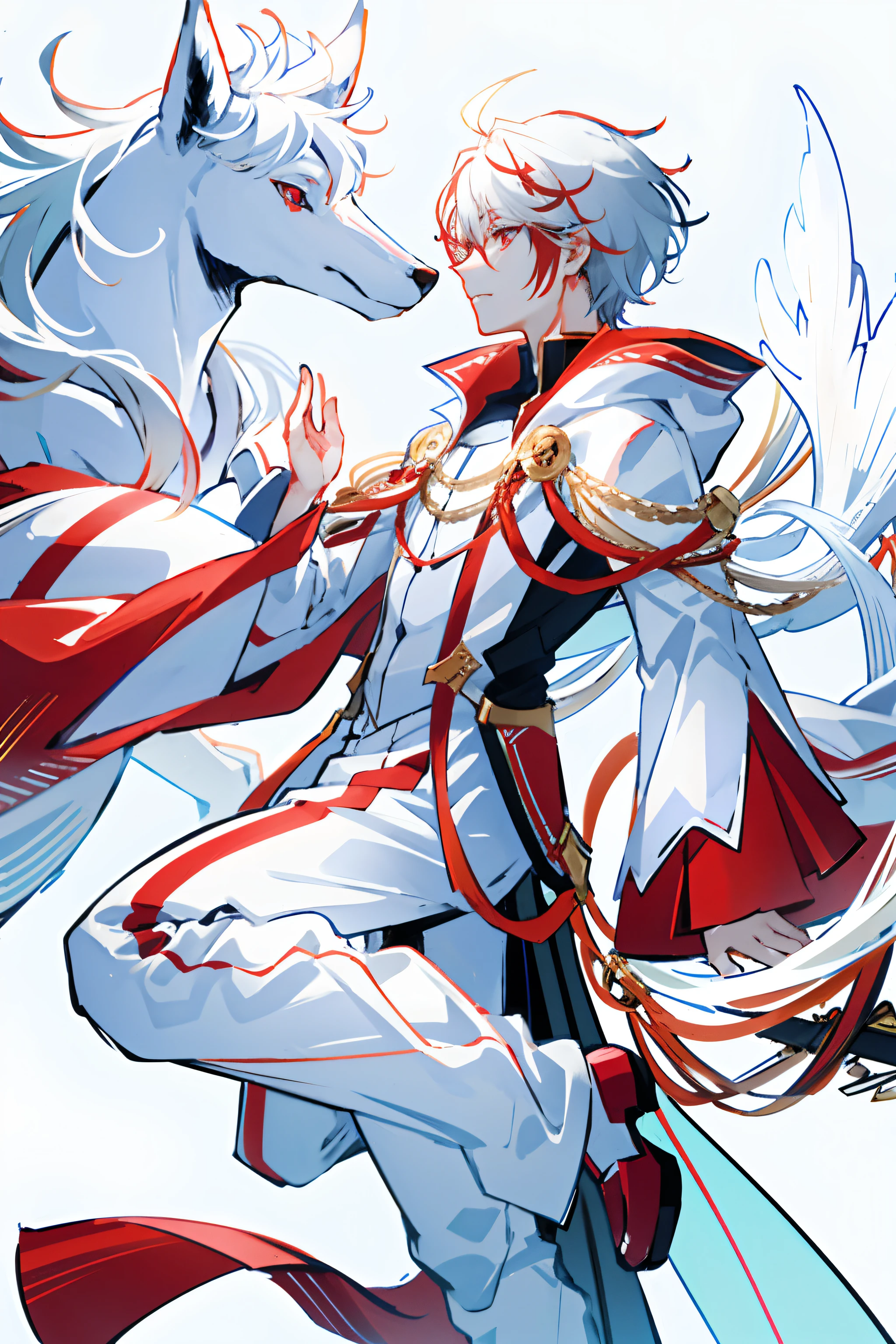 profile,Charter Layout,full bodyesbian,at attention,Eye,put down hands,Handsome fox boy,White hair, red eyes, White costume with decoration,Detail costumes,White back,