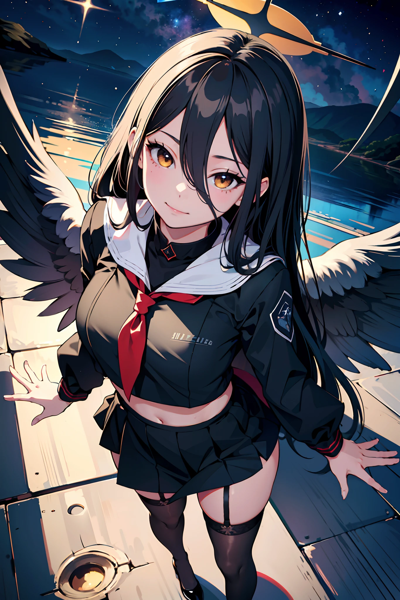 absurd res, high res, (masterpiece:1.4), ultra-detailed, 1girl, (from above), space, floating, black sailor dress, black dress, black stockings, white hair, yellow eyes, Yandere face, yandere smirk, wings, hair between eyes