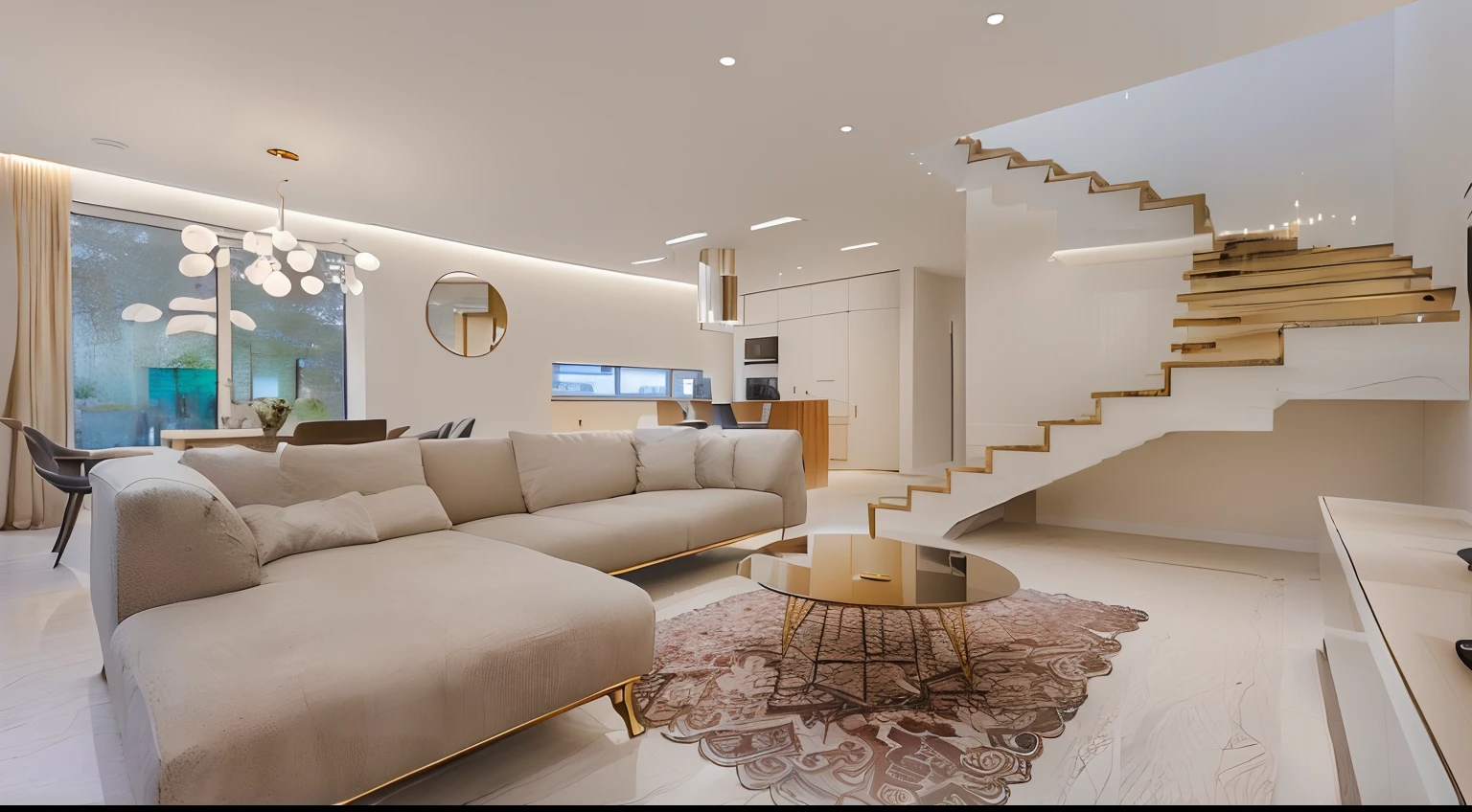 The living room has a sofa and coffee table。, Split-level living room, gold and luxury materials, Home interiors, fancy apartment, modernsimplicity, Modern living room, inside a modern apartment, picture of an interior loft, high end interior, house interior, warm lighting interior, Modern style, Modern look, cream - colored room, Modern interior Take a frontal view