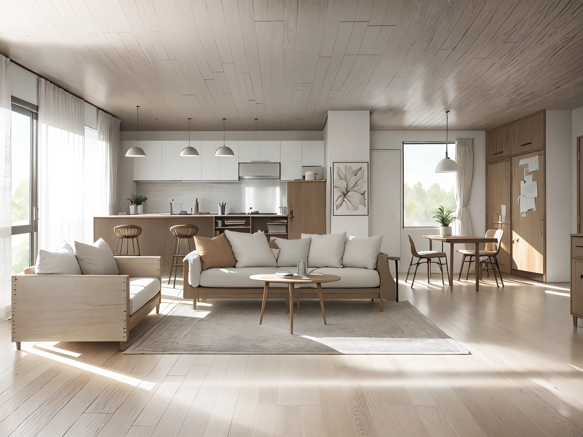 a sketch of a beautiful modern living room, (((foster and partners, artists impression, artistic impression, by Hamish MacDonald, by Carey Morris, by David Brewster, higher detailed illustration, by Helen Berman, an illustration, detailed illustration, by Nick Fudge, by Warren Mahy, artist's impression))), a red kitchen cabinet behind the white sofa, with minimal pictures on the wall, linen curtain next to the classroom window, coffee table, modern wood, ceiling with magnetic emissive lighting, white fabric PRB textures, wooden floor PRB texture,