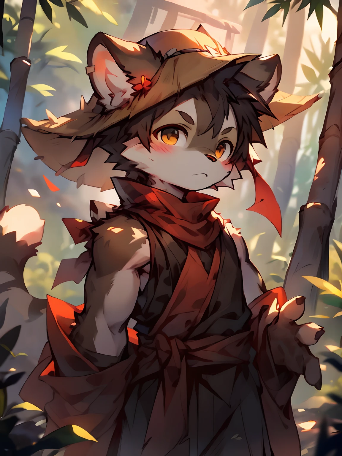 High saturation, Masterpiece, Best quality, Extremely detailed, Depth of field, komono, Male, anthro, Solo, (brown:1.2) furry wolf, Muscular, Red cloth around the waist, Half-length portrait, Bamboo forest, (Bamboo) Rain cap, (spiky:1.3) Hat, (Conical:1.2) Hat, Ancient Asian sleeveless clothing, (Loose:1.2) clothes, Black and red sleeveless clothing, Daylight, posing on a,(author:Puinki,By Artists:1.2),(author:Unreal Land,author:Sumi Kuroi,author:Milk Tiger 1145,author:Morkey,author:Emolga 1