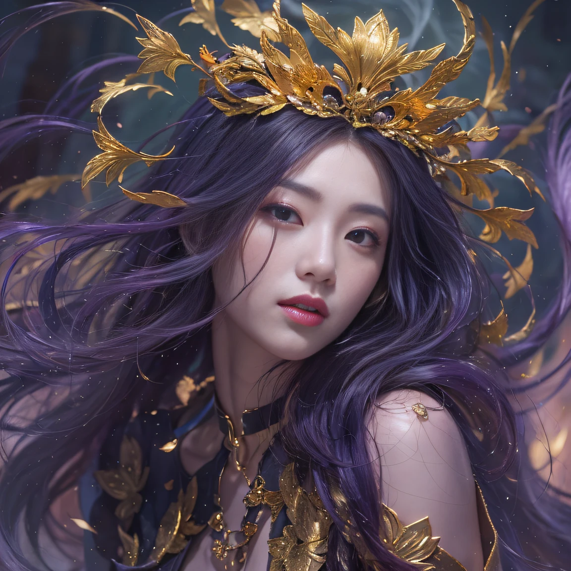 Genki Girl 32K(tmasterpiece,k hd,hyper HD,32K)Long flowing bright purple hair,Autumn Pond,zydink, a color, Asian people (Genki girl), (Black and gold scarf), Combat posture, looking at the ground, long whitr hair, Floating bright purple, Fire cloud pattern gold tiara, Chinese long-sleeved gold silk garment, (Abstract metaverse splash:1.2), white backgrounid,Lotus vitality protector(realisticlying:1.4),Bright purple hair,Smoke on the road,The background is pure, A high resolution, the detail, RAW photogr, Sharp Re, Nikon D850 Film Stock Photo by Jefferies Lee 4 Kodak Portra 400 Camera F1.6 shots, Rich colors, ultra-realistic vivid textures, Dramatic lighting, Unreal Engine Art Station Trend, cinestir 800,A girl with long flowing bright purple hair
