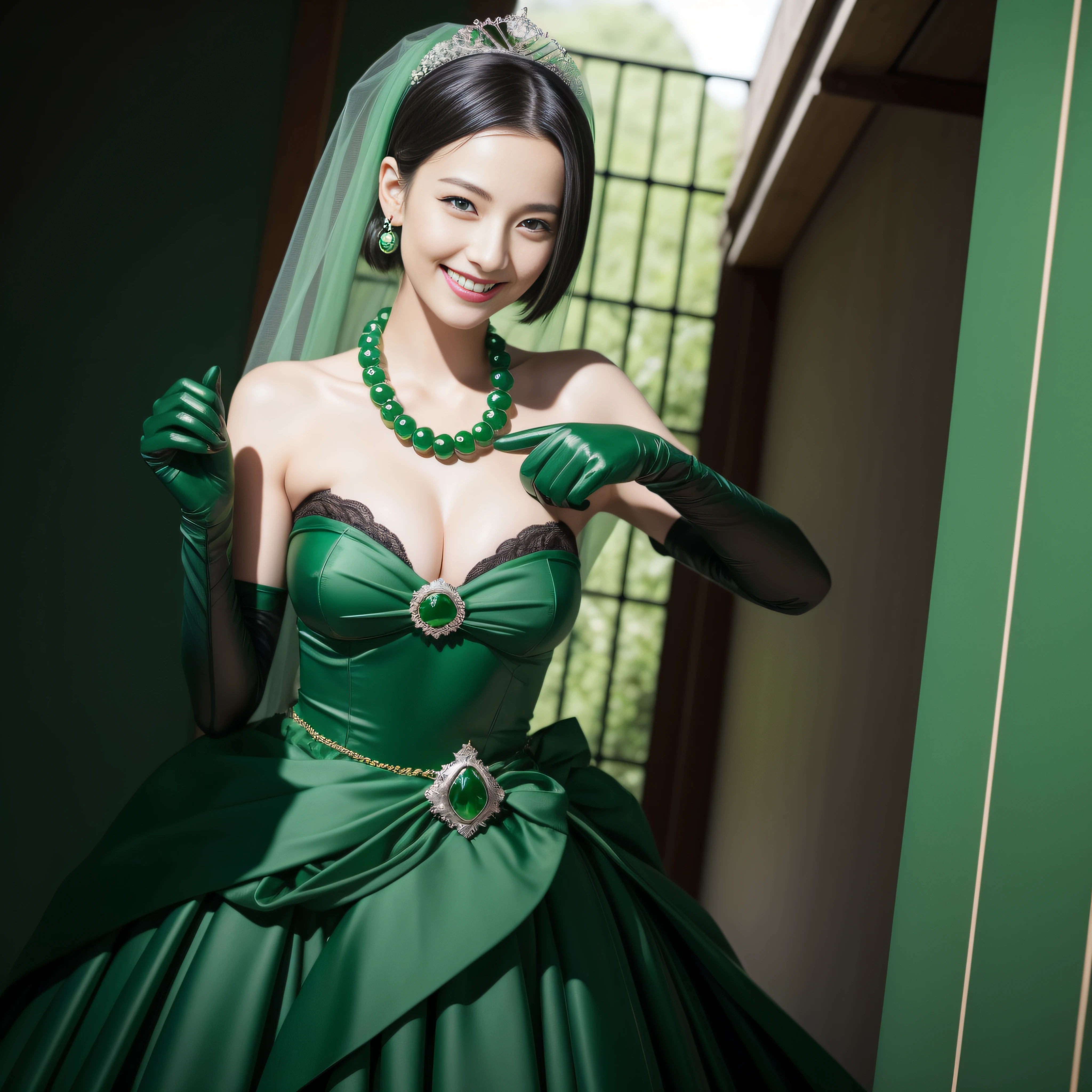 Boyish very short black hair, lipsticks, Japan woman smiling, Green Long Grove, Emerald Tia boyish very short black hair, lipsticks, Japan woman smiling, Satin green long gloves, Green Pearl Necklace, verd s eyes, Green eyes, Long green gloves made of satin material, big breasts beautiful, Green Bridal Veil, Green eyes, Emerald Earrings,emerald tiara, Green eyes