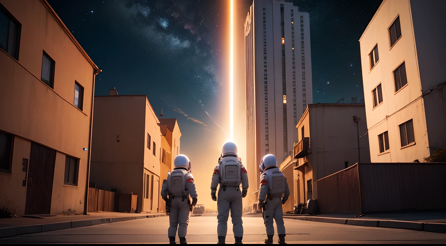 Gere uma imagem realista de 3 astronautas masculinos posando para foto, Ao fundo, it should be possible to see the planet Mars, uma casa, some buildings, child playing in the street and the Sidereal space