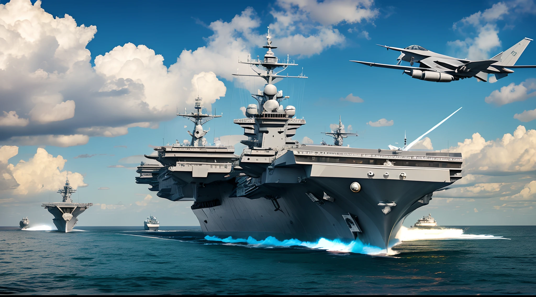 highres,photorealistic:1.37,concept art,aircraft carrier,detailed,true-to-life depiction,large-scale,impressive,naval vessel,modern design,sleek lines,awe-inspiring,aircraft launch deck with fighter jets,high-tech radar systems,elevated command bridge,crystal clear blue sky,harmonious color palette,bright white hull,reflections on the water,sense of power and strength,precision engineering,seamless integration of weapons and technology,impressive scale and size,aircraft catapults ready for takeoff,fighter pilots in flight suits,meticulous attention to detail,weathered and worn textures on the carrier,professional-grade digital illustration,stunning accuracy in portraying every aspect of the carrier,exquisite lighting and shadowing effects,vivid colors and contrast,immersive and realistic experience.