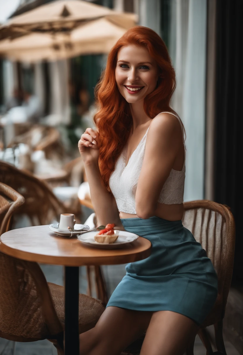 Es gibt eine Frau, vor einem Restaurant Hintergrund mit menschen, redhead girl, Beautiful red-haired woman, rothaarige Frau, Young redhead girl, kurzes, leuchtend rotes Haar, Red hair and attractive facial features, Anna Nikonova alias Newmilky, redhead girl, Rothaar, gorgeous woman, Posing in mini skirt and top whole body with girlfriend, blondes haar, Laughing, both happy and satisfied, roter Kopf, mit kurzen roten Haaren, Pose im cafe, Whole body, leicht bedeckt, realistisch, Girlfriend happy, Teeth white, attraktive kurven, cafe in der hand, belebter Hintergrund