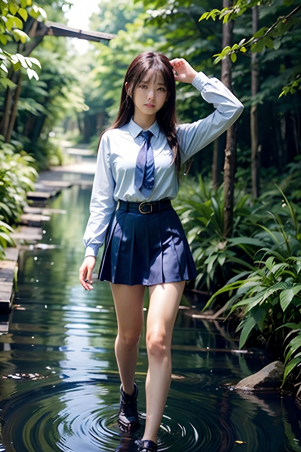 ​masterpiece、high-level image quality、high-detail、full body Esbian、Summer uniform、Blue tie、a blue skirt、One Beautiful Girl, hi-school girl、**** student、Hairstyle with bangs、great outdoors、Blue swamp in the coniferous forest belt、Beautiful girl walking in the water and coming here、Embarrassment、confusion、Ephemeral、dark sky、side lights、Noise Reduction、Pale and soft light、diffuse glow、