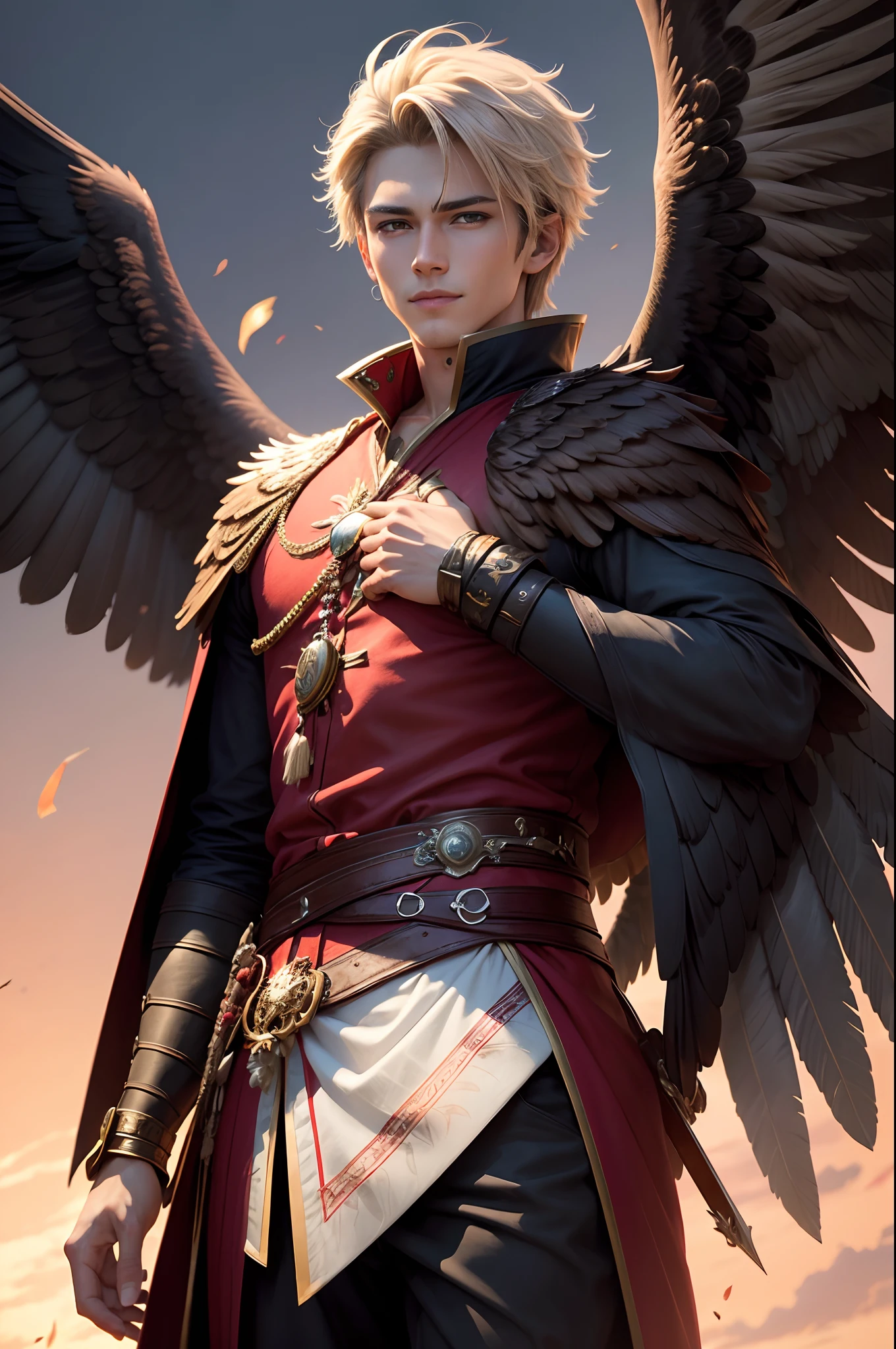 8K,Photorealsitic　Raw photography　top-quality;1.4) 　(1 Adult Eagle Boy)　Personification of a super handsome eagle　(Lifelike face)　Personification of the eagle(shoun)　Personification of the eagle　Black and red exterior　Black and red trousers　Golden decoration　Beautiful expression　超A high resolution　A smile　Precise details　Realistic coat　wings grow from the back　Equip the sword on the waist