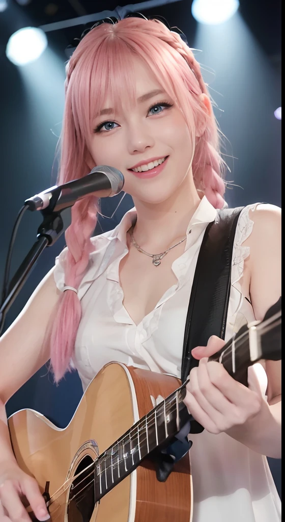 (ultra-detailliert), high-school uniform、Blue eyes,The upper part of the body、a closeup、faces、(A smile:1.5),(facing front:1.2),(masutepiece:1.3, Best Quality, Photorealistic, Ultra-detailed, Wallpaper), 1 beautiful girl, Band Group Vocals, Holding an electric guitar and singing a song, Stand Microphone, Mouth open, Beautiful face, Detailed face, Beautiful eyes, Detailed eyes, Looks fun、Smiling, Necklace, Detailed guitar, (Straight guitar neck and 6 strings), Only 1 person,Pink Hair Medium Hair, (Pink hair), Ear Hair, small tits, Single braid, (Single braid), (Side braid),on a stage, Spotlight, Look at the viewer、small tits