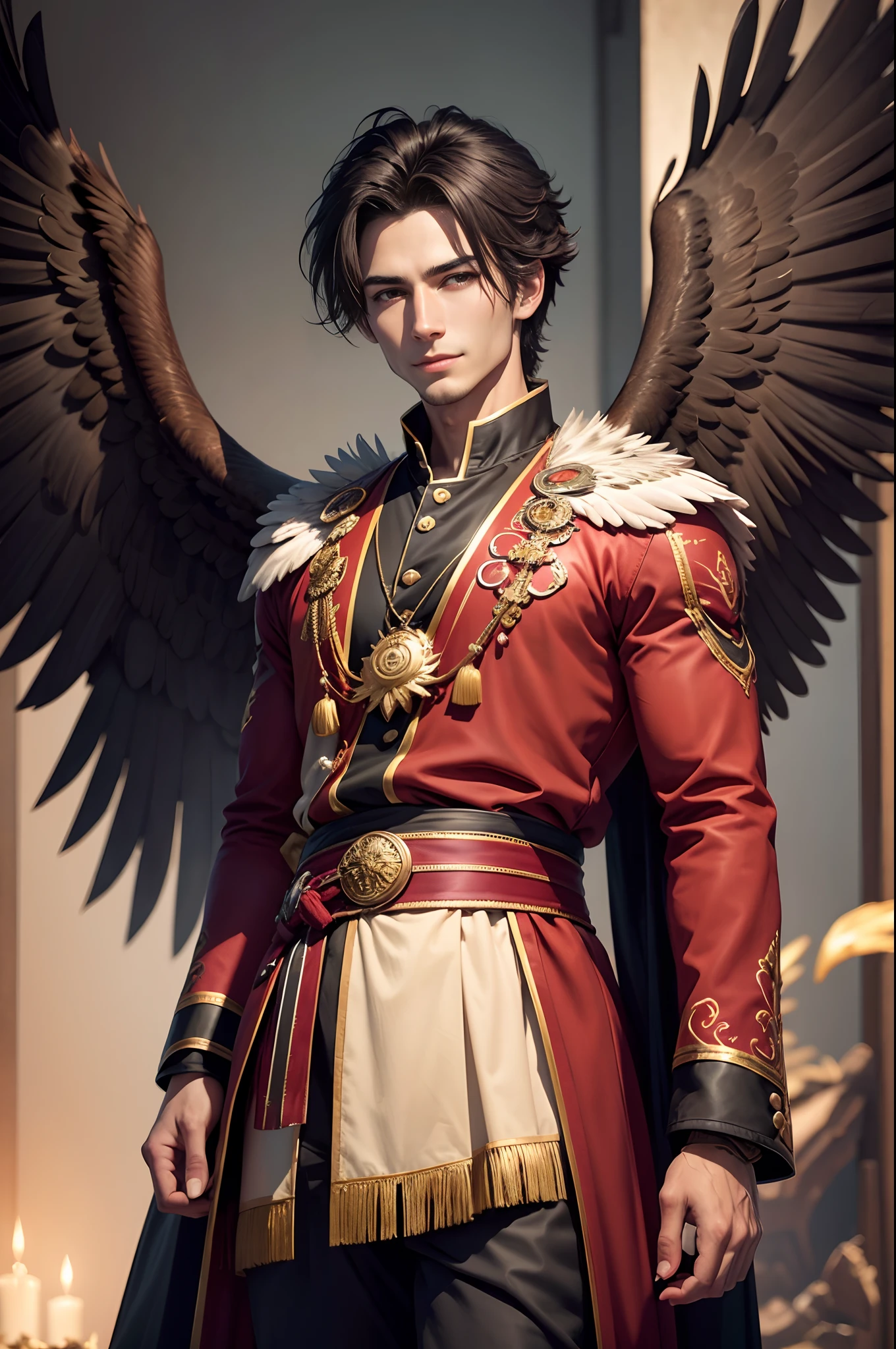 8K,Photorealsitic　Raw photography　top-quality;1.4) 　(1 Adult Eagle Boy)　Personification of a super handsome eagle　(Lifelike face)　Personification of the eagle(shoun)　Personification of the eagle　Black and red exterior　Black and red trousers　Golden decoration　Beautiful expression　超A high resolution　A smile　Precise details　Realistic coat　wings grow from the back　Equip the sword on the waist