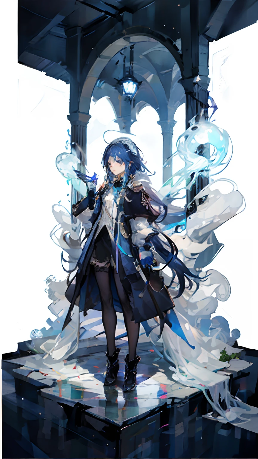 masterpiece, best quality, (white background:1.5) 1girl, far shot, full body, blue circle, mage, fantasy, magic, blue aura, dome, standing, clear face,