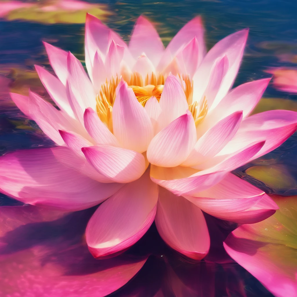 white colors, Pink lotus, One, On the surface of the water, artistic conception, Light shines straight down from above, partially underwater shot, Romanticism, Op art, sparkle, god rays, ray tracing