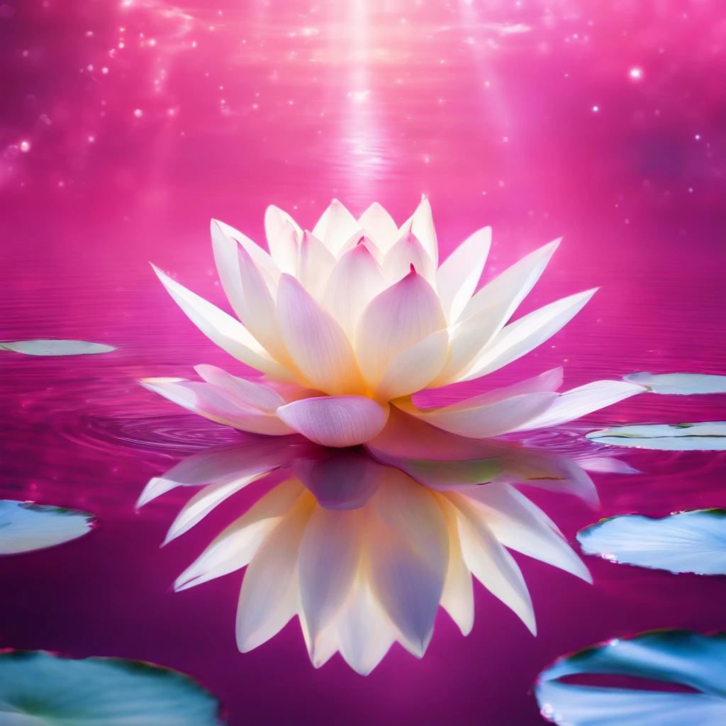 white colors, Pink lotus, One, On the surface of the water, artistic conception, Light shines straight down from above, partially underwater shot, Romanticism, Op art, sparkle, god rays, ray tracing