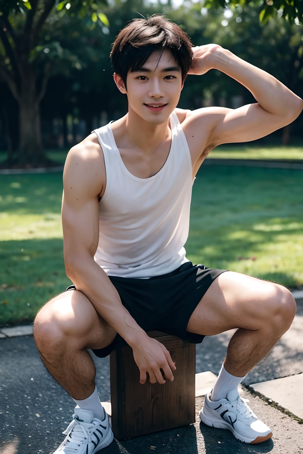 Top quality, ultra high resolution, very detailed, (photorealistic: 1.4), dynamic angle, very handsome, perfect face, model shooting, full body, flying in the sky, naughty 25 years old Japan man, shirtless, soccer socks, soccer pants, selfie, (aegyo sal: 0.2), perfect body, (blue shaved side hair: 1), smile, natural light,