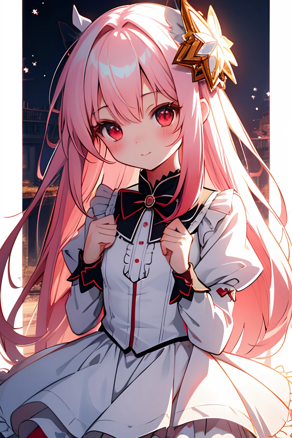 beautiful illustration, best quality, cute petit girl, (transform sequence), transform magical girl, chibi, white magical girl, fractal art, albino, babyface, long pure white and red mesh hair, beautiful detailed red eyes, cinematic lighting, cowboy shot, looking at viewer, from bottom, happy