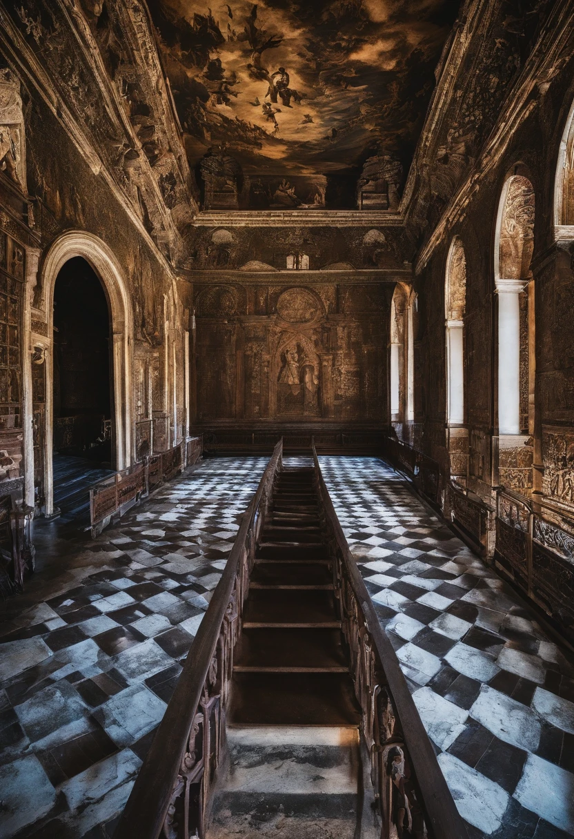 /imagine prompt: color photo of: "Dracula's castle seen from the inside, com toda pompa e estilo sombrio"
,antique and ornate furniture, com detalhes em ouro e veludo negro,
,um grande candelabro pendendo do teto, iluminando o ambiente com suas velas tremeluzentes,
,walls lined with massive tapestries, retratando cenas sombrias e sinistras,
,um trono imponente, esculpido em madeira escura e cravejado de pedras preciosas,
,uma escadaria majestosa, with iron railing, that gets lost in the darkness,
,uma lareira rugindo, casting dancing shadows across walls,
,an atmosphere charged with mystery and tension, como se o ar estivesse impregnado de segredos sombrios,
,Nikon D850 digital camera,
,filme colorido Fujifilm Pro 400H,
,lente Nikon AF-S 24-70mm f/2.8E ED VR,
,Extended exposure technique to capture the details of shadows,
,Tim Burton, Guillermo del Toro, Dario Argento, Edgar Allan Poe —c 10 —ar 2:3