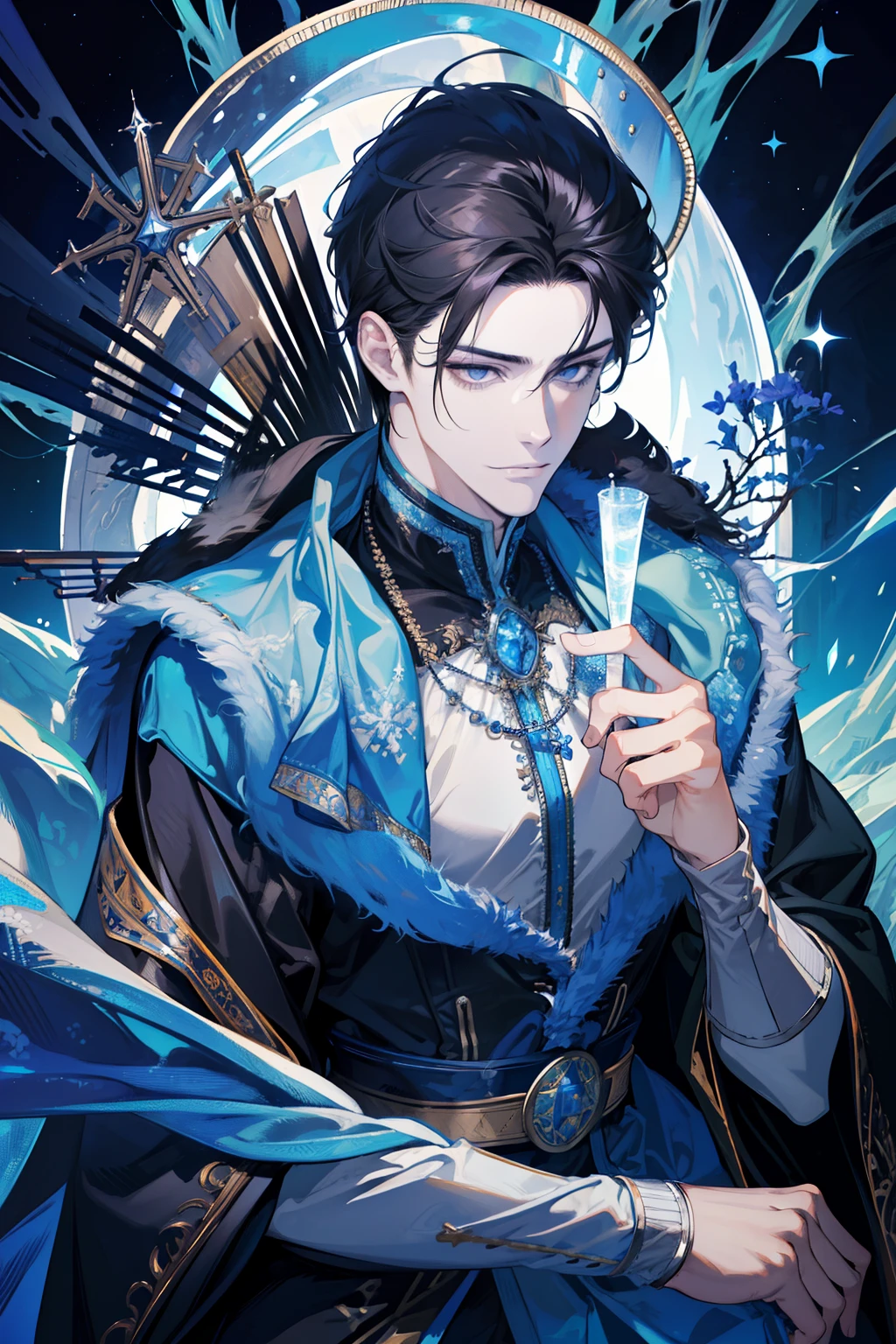 (absurdres, highres, ultra detailed), 1 male, adult, handsome, tall muscular guy, broad shoulders, finely detailed eyes, dark color hair, fantasy, complex pattern, detailed face, throne, magic effect, best ratio four finger and one thumb, ice, bitter cold, cold snap, smile, (dutch angle), closed mouth
