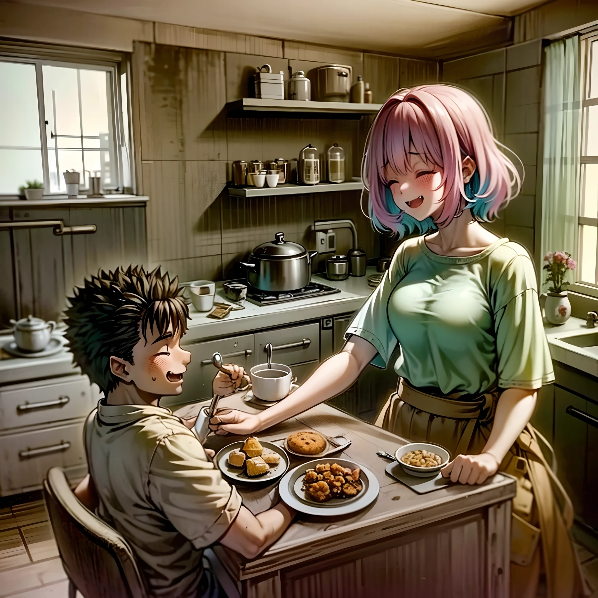 riamu yumemi,guts,couple,husband and wife,riamu motherly,house wife,cooking,mother and son,children,family,happy,(best quality,4k,8k,highres,masterpiece:1.2),ultra-detailed,(photo1.37),joyful,loving,embrace,adorable,cheerful,blissful,togetherness,warmth,smiles,vibrant colors,sunshine,beautifully lit,cosy home,harmonious,family bond,making memories,satisfying meal,homemade food,laughter,motherly affection,playful kids,herb garden,spacious kitchen,life's small joys,dreamy,wholesome,carefree,affectionate gaze,authentic moments,harmony of love and simplicity,unconditional love,tranquil,heartwarming,captured memories,cherished moments,intergenerational love,endless laughter,tight-knit,fond memories,blessed family,treasuring time together,priceless happiness