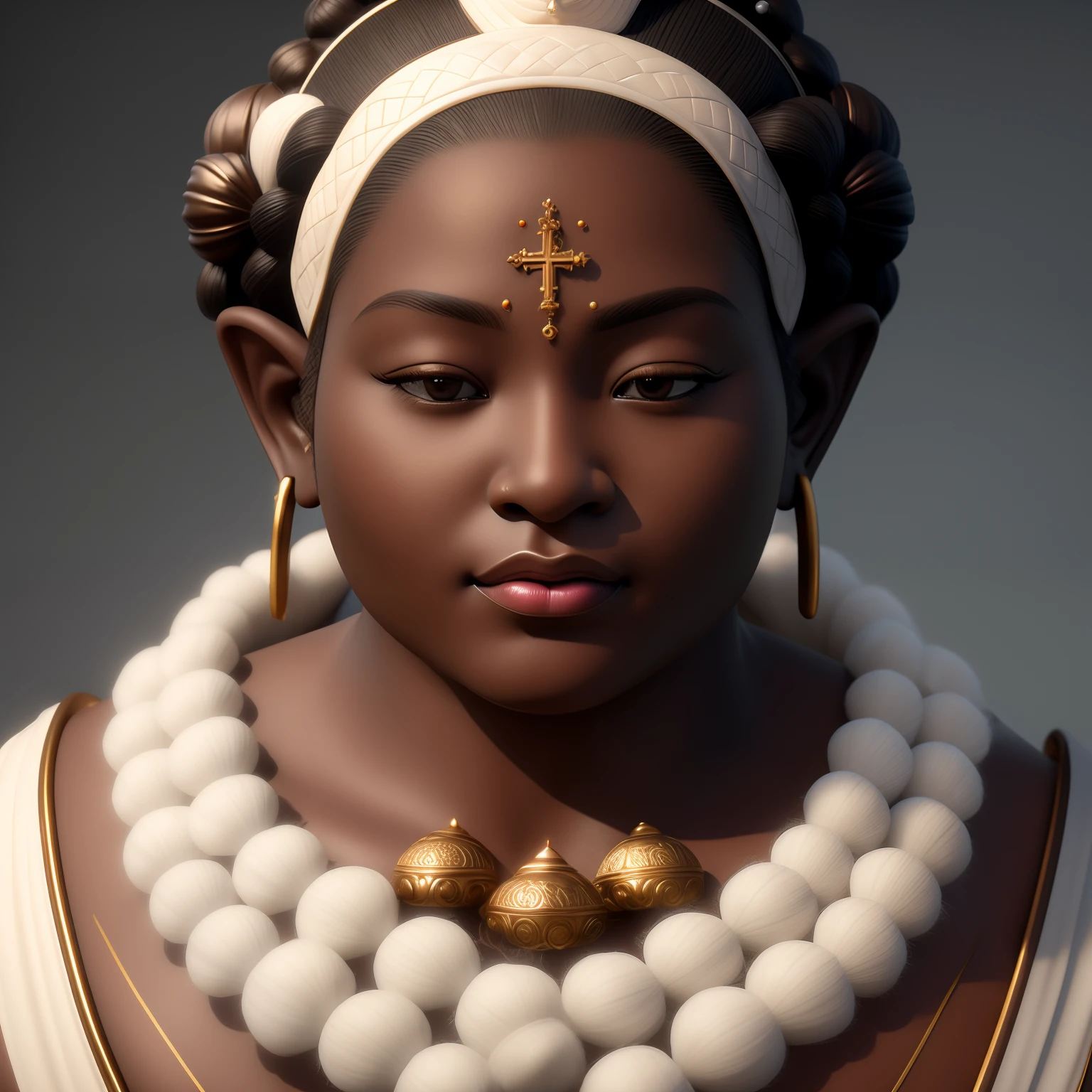 there is a woman with a necklace and a necklace with a cross on it, 8k portrait render, portrait of female humanoid, character portrait closeup, closeup character portrait, cinematic bust portrait, unreal engine render + a goddess, epic 3 d oshun, hyperdetailed fantasy character, close up character, ultra detailed portrait, portrait of ororo munroe, rendered in corona,High detail, realistic, dark skin, Buddha figure, fat, human, big earlobes, white lips, three black lines on the forehead, Buddha hairstyle, fat face, big nose, hyper realistic, portrait, photography, pointy nose, big nose, black skin