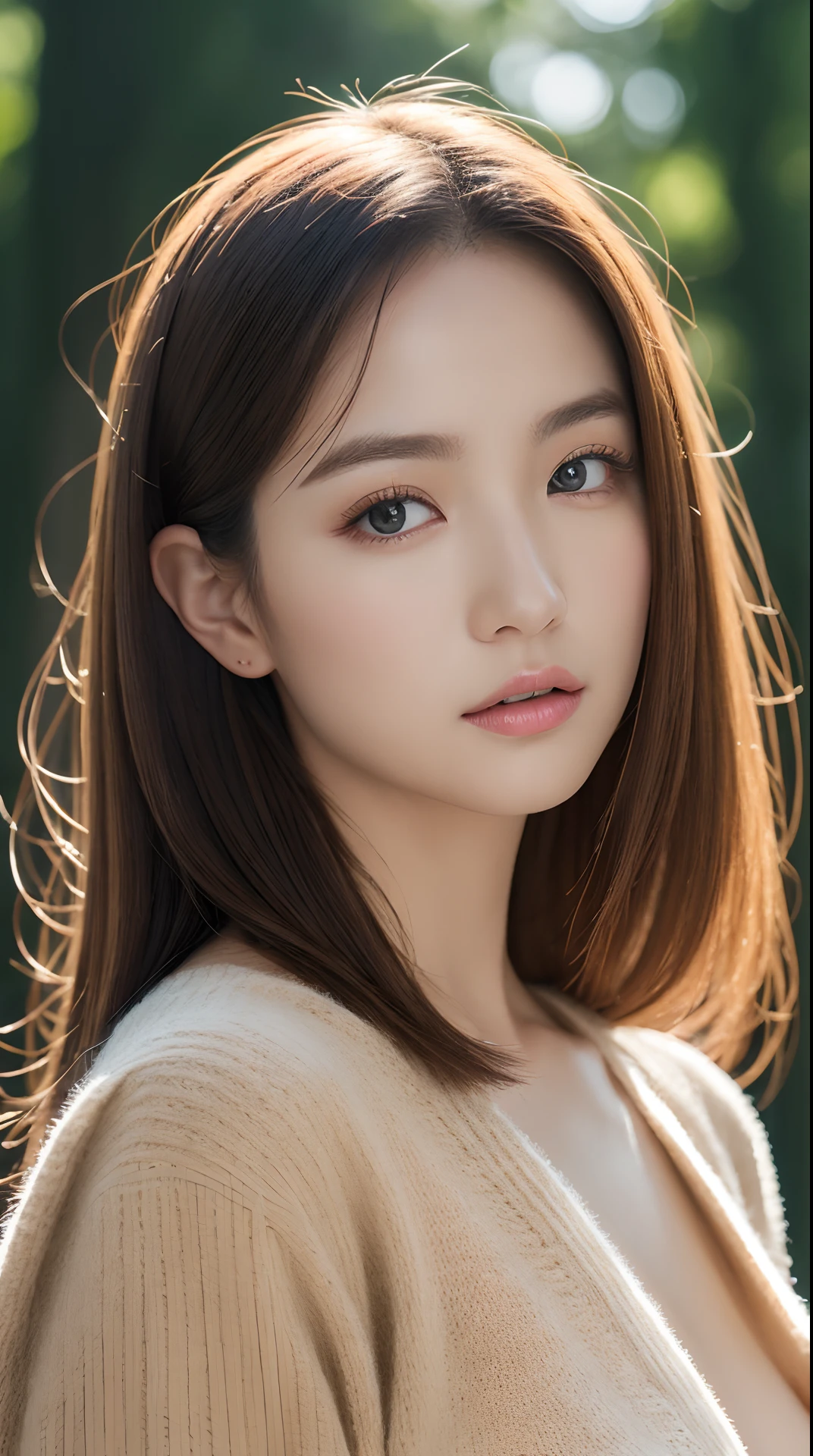(top-quality、超A high resolution、in 8K、​masterpiece、realisitic、Photorealsitic)、Pretty Japan woman、1 persons、Break HA、Brown hair、long、(Colossal tits:1.2)、The upper part of the body、From Side、detailed hairs、hyperdetailed face、Detailed skin、Detailed lips、Break HA、broad shoulders、Beige knitted dresses、Navy blue jersey、bare-legged、BREAK、(Home:1.2)、Daytime、Natural lighting