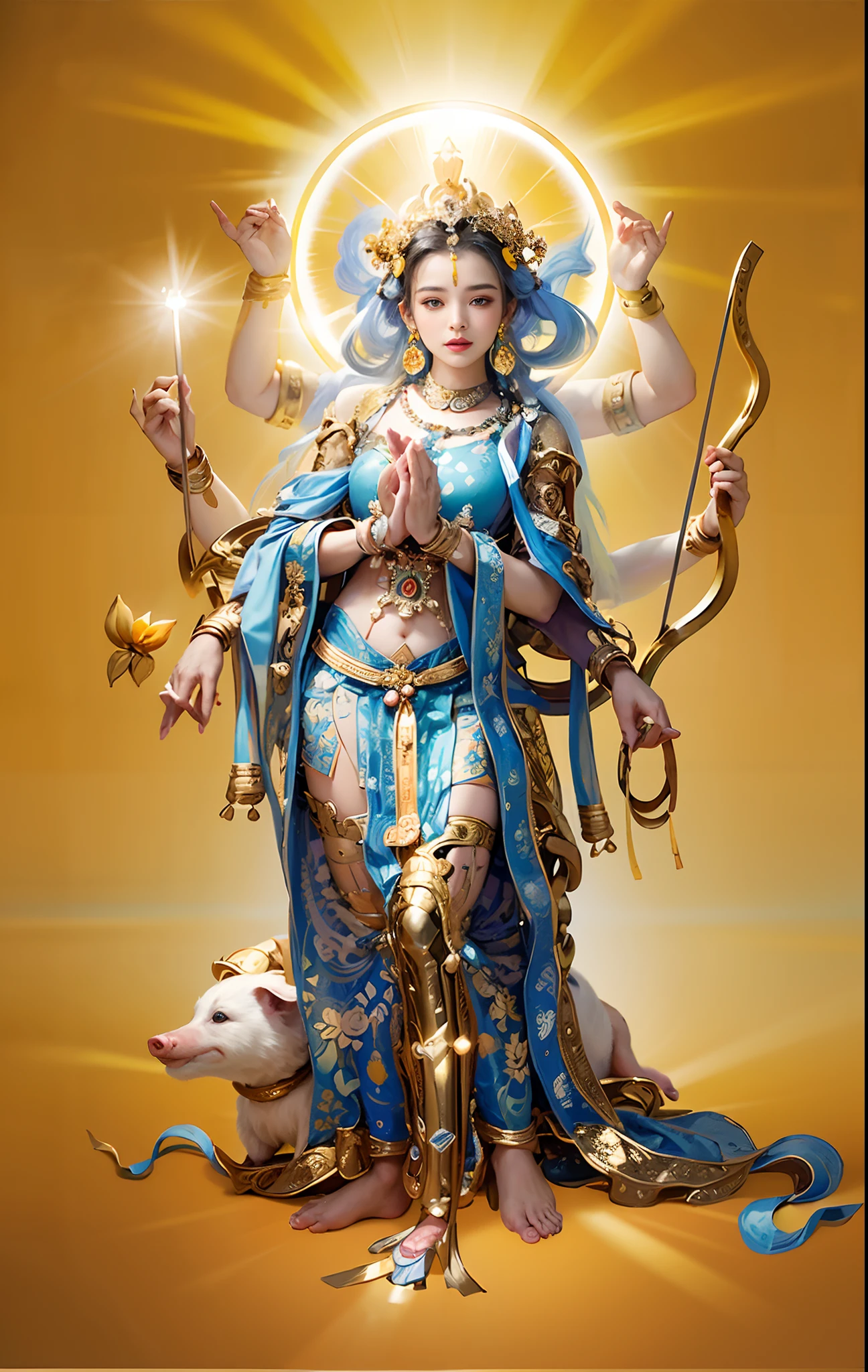 Beautiful woman sitting in a golden car, (((Golden lotus throne))),The woman wears a light blue dress,Light blue pants,(((Head background with round light))),(((Behind it is the sun))),(((Women emit bright and dazzling blue light))),Women have three heads,In total, The arm has eight mudras,Take all kinds of metal weapons,Barefoot on both feet,There are seven piglets pulling carts in front,goddess of love and peace, indian goddess of wealth, Heavenly Bodhisattva, goddess art, goddess of wisdom, an ancient Chinese goddess,photorealestic,professional photoshooting,Realiy,超高分辨率,tmasterpiece,