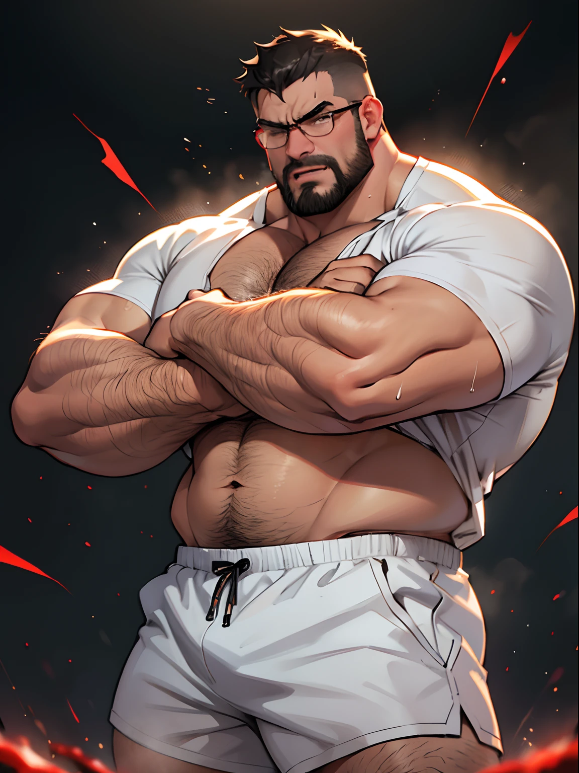 masterpiece,top-quality,Fat man beats me,punch,Fat Man,I have a big stomach,Face is large,well-muscled,Lots of body hair,Abdominal hair,A dark-haired,Business Cut,Stubble,eye glasses,silver ring,Navel Ejection、white shirt、Roll up your arms,Black shorts,Angry look,Opening Mouth,(Sweating:1.2),Steaming,shock waves,Red flash,arena