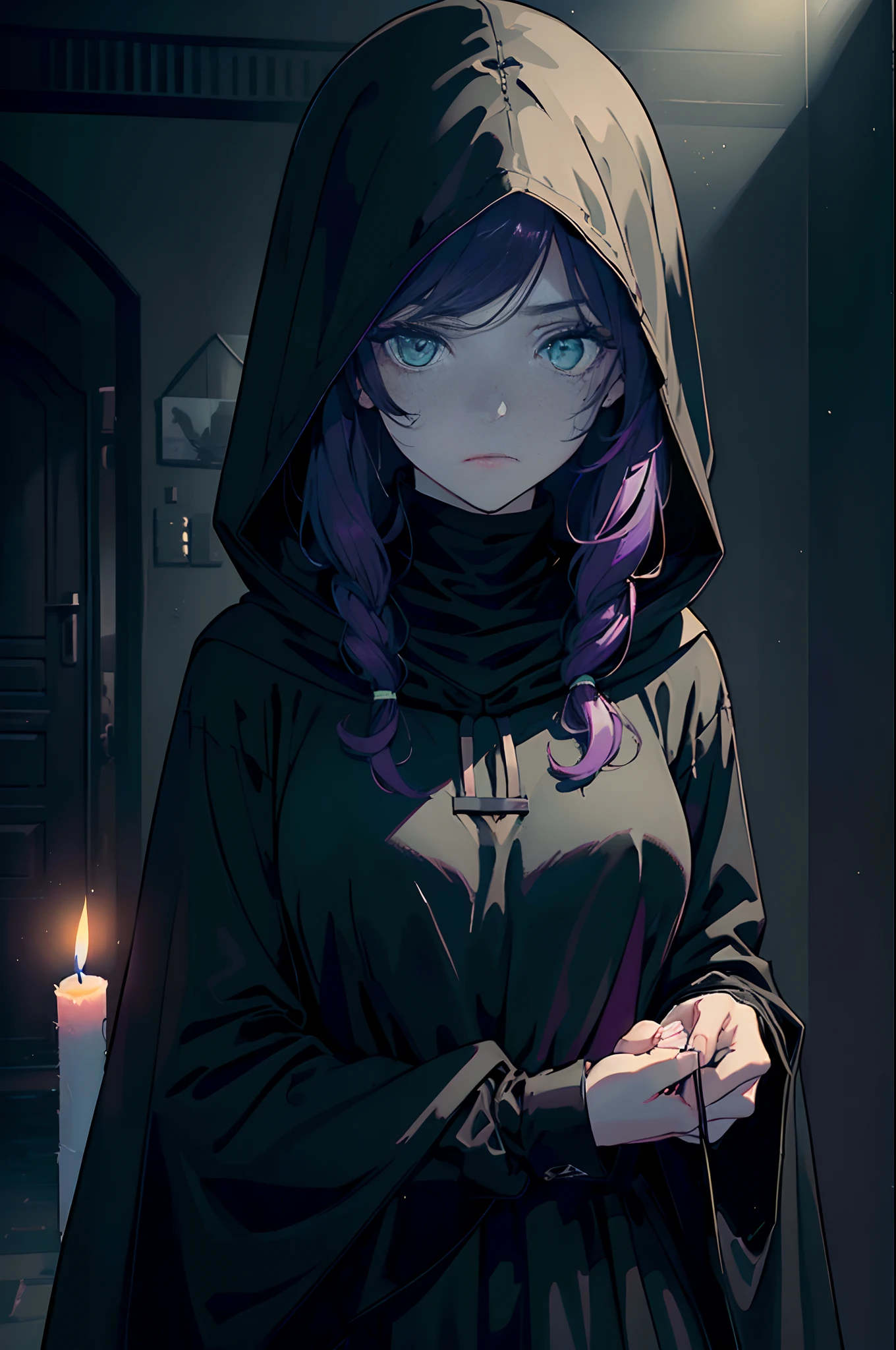 A gloomy, depressed young human lady, slim body, ((bright green eyes)), (((highly detailed face: 1.8))), beautiful face, (long flowing purple hair), (waist-up shot), ((nervous pose)), (large breasts), (((sleep-deprived, black circles around eyes: 1.8))), solo, (frowning: 1.6), (((black cloak covering head: 1.8))), ((dark, modern clothes)), ((simple, long-sleeved sweater: 1.8)), (((modern interior))), ((simple dark hallway: 1.8)), (((pitch black hallway: 1.8))), ((black curtains, black walls: 1.8)), ((((blackout, no lights, no light: 1.8)))), (((holding a lit candle in her hand))), candle as the only light source, ((dark night, midnight, gloomy, dark: 1.8)), (masterpiece, ultra-detailed, best quality, official art, beautiful and aesthetically pleasing: 1.2), vivid, high saturation colors, indoors, dark background, black, horror, black walls, black floors, creepy