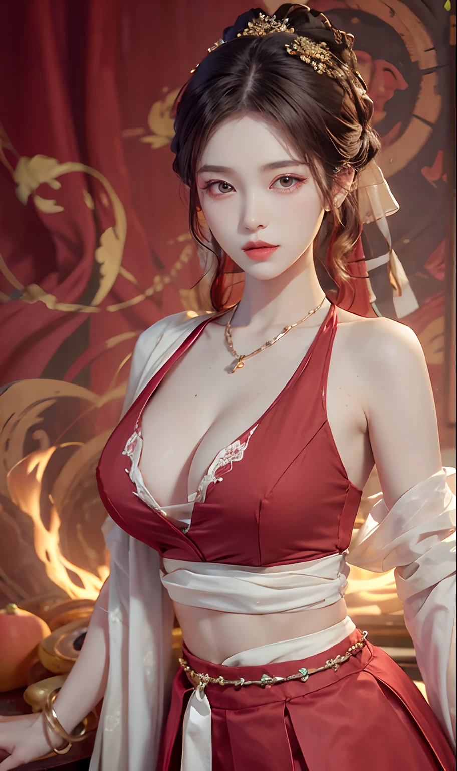 (RAW photogr,best qualtiy), best qualtiy, The is very detailed, tmasterpiece, ultra - detailed, illustratio, one-girl, (huge boob,cleavage), dynamic angle, best qualtiy, extremely detailed CG unity 8k wal,电影灯光,Dunhuang-style women wear waist skirts,Upper body dark red collared shirt,Wrapped in a heavy chest,The waist is just tied around the waist,Pendant with pressed skirt beads,The skirt is a pale white pleated skirt;Eyes like apricots,The lips are lit with vermilion rouge,With an intellectual temperament,Beautiful without losing stability and maturity。