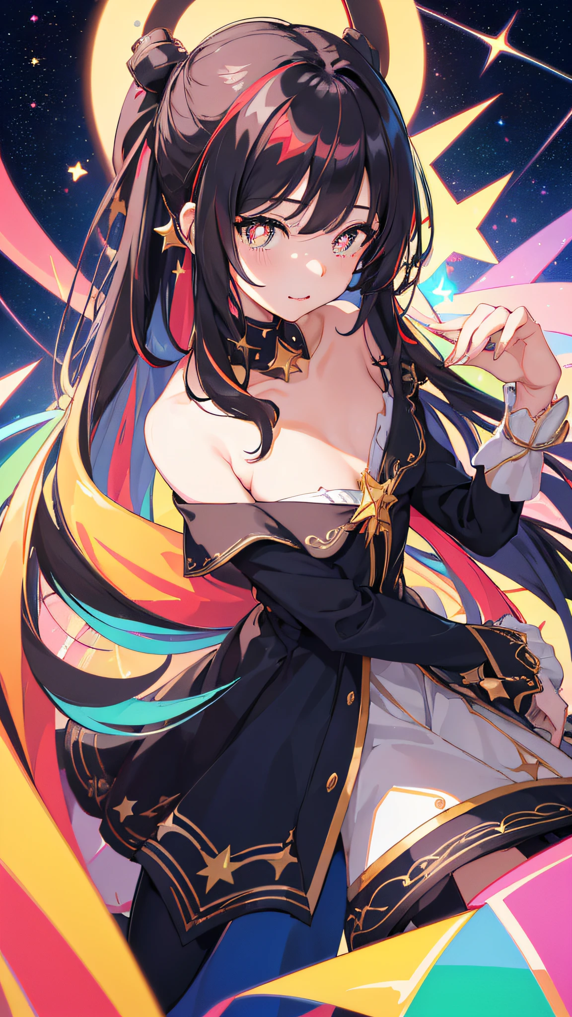(masterpiece, best quality), ((1girl, (mature female) long hair), (star-shaped pupils,  +_+, symbol-shaped pupils, sparkling eyes)), (looking at viewer, light smile, off shoulder), (multicolored background, abstract background, chromatic aberration),
