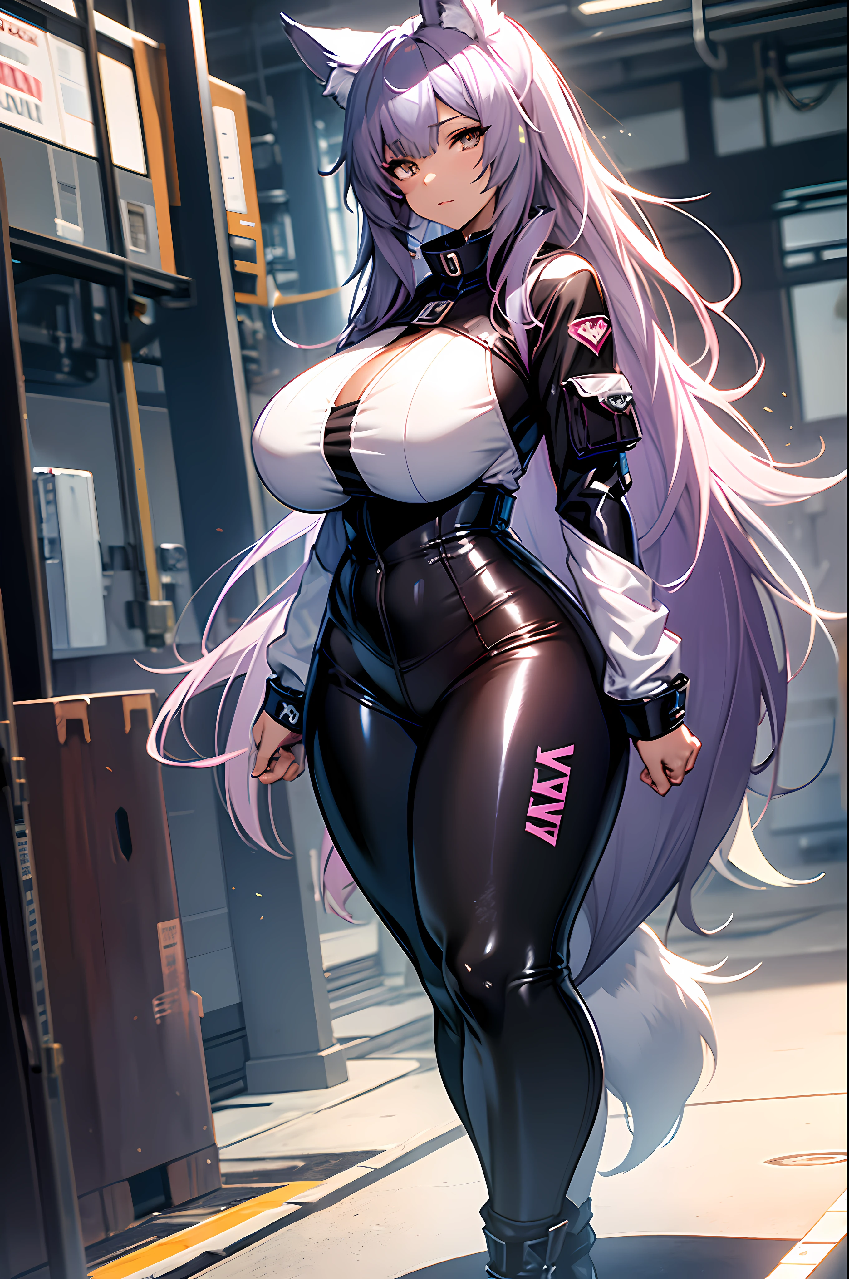 one woman, wolf girl, wolf ears, wolf tail, violet hair, strong, firm body, thick thighs, big breasts, muscular arms, casual clothes, sfw, sexy, full body, masterpiece, highly detailed, shiny clothes, latex,