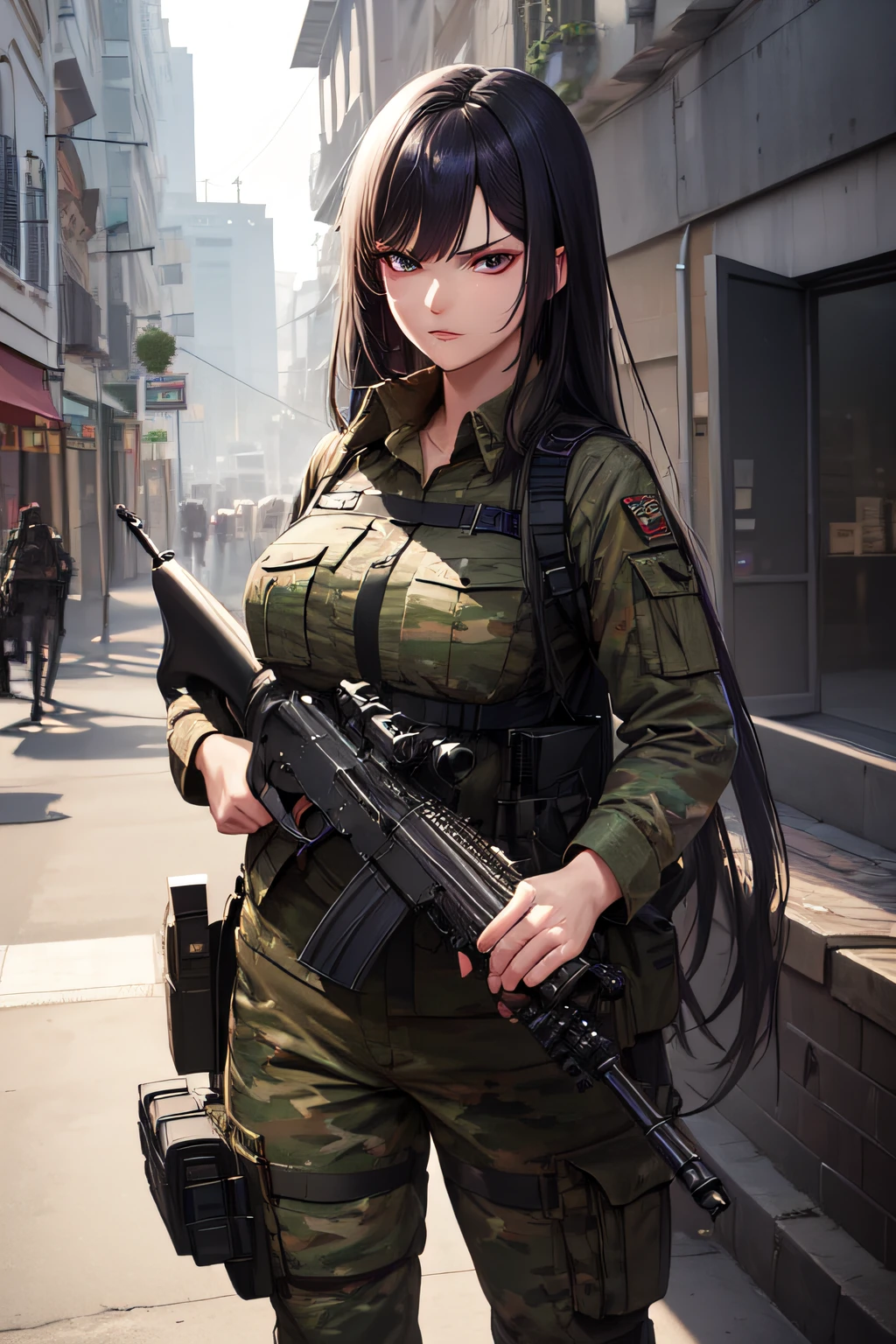 illustration, ((best work)), ((very detailed))l, beautiful woman, black purple hair, medium breasts, army uniform, green camouflage, trousers, angry face, m_16 machine gun, unreal machine, body anatomy perfect, background, shop street, intricate, ultra hd, highly detailed, realistic, 8k resolution