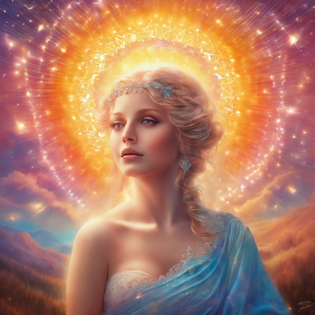 kiddy big breasts, adolable, sideface, Look at the sun, radiating with light, Romanticism, Op art, sparkle, god rays, ray tracing