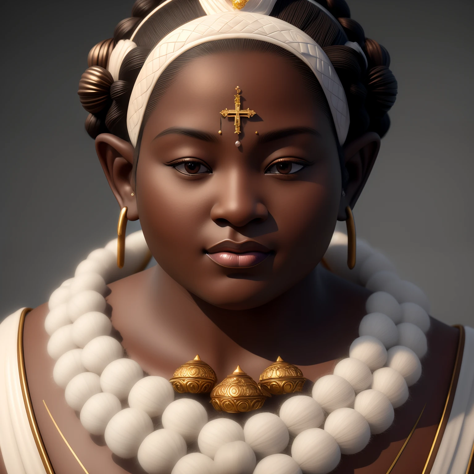there is a woman with a necklace and a necklace with a cross on it, 8k portrait render, portrait of female humanoid, character portrait closeup, closeup character portrait, cinematic bust portrait, unreal engine render + a goddess, epic 3 d oshun, hyperdetailed fantasy character, close up character, ultra detailed portrait, portrait of ororo munroe, rendered in corona,High detail, realistic, dark skin, Buddha figure, fat, human, big earlobes, white lips, three black lines on the forehead, Buddha hairstyle, fat face, big nose, hyper realistic, portrait, photography, pointy nose, big nose, black skin, realistic background, old looking