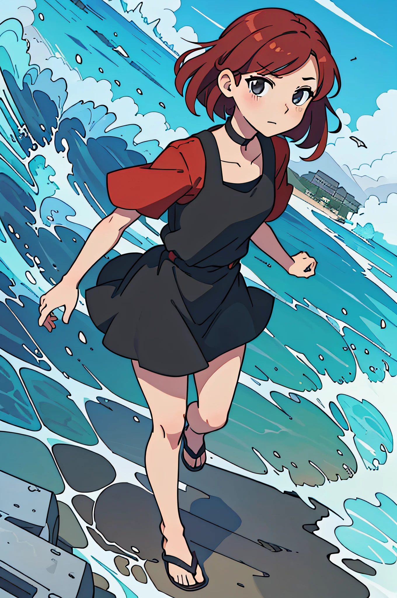 perfect anime illustration, girl with short red hair in a black dress walks on the beach