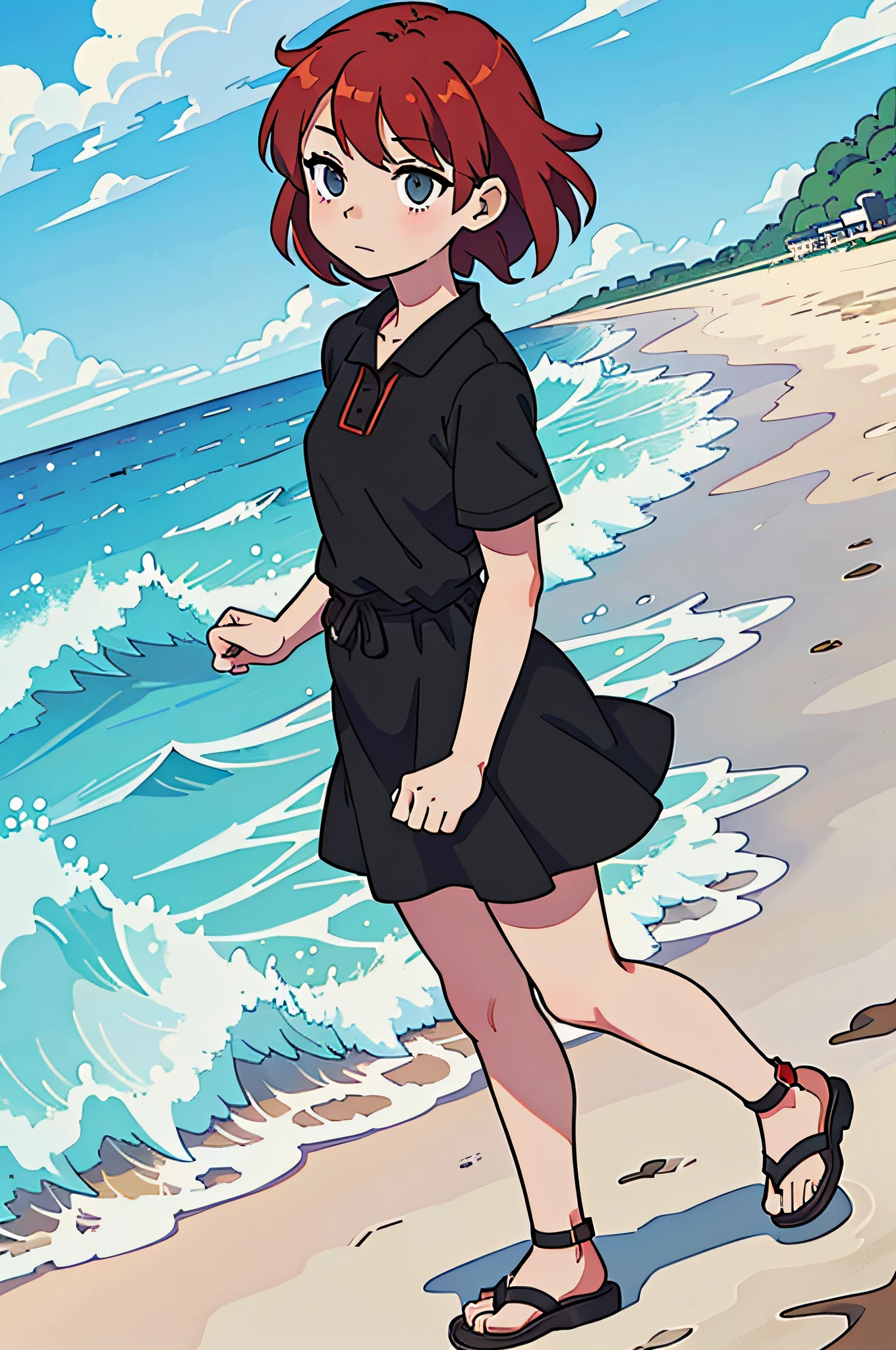 perfect anime illustration, girl with short red hair in a black dress and sandals walks on the beach