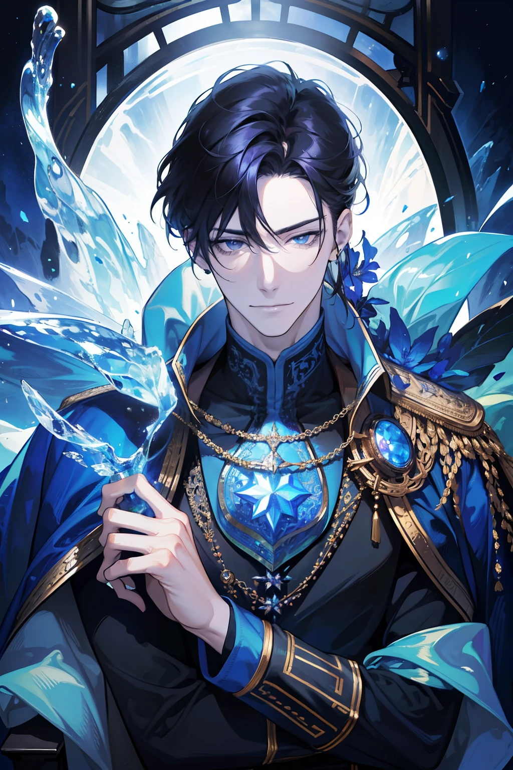 (absurdres, highres, ultra detailed), 1 male, adult, handsome, tall muscular guy, broad shoulders, finely detailed eyes, dark color hair, fantasy, complex pattern, detailed face, throne, magic effect, best ratio four finger and one thumb, ice, bitter cold, cold snap, smile, (dutch angle), closed mouth