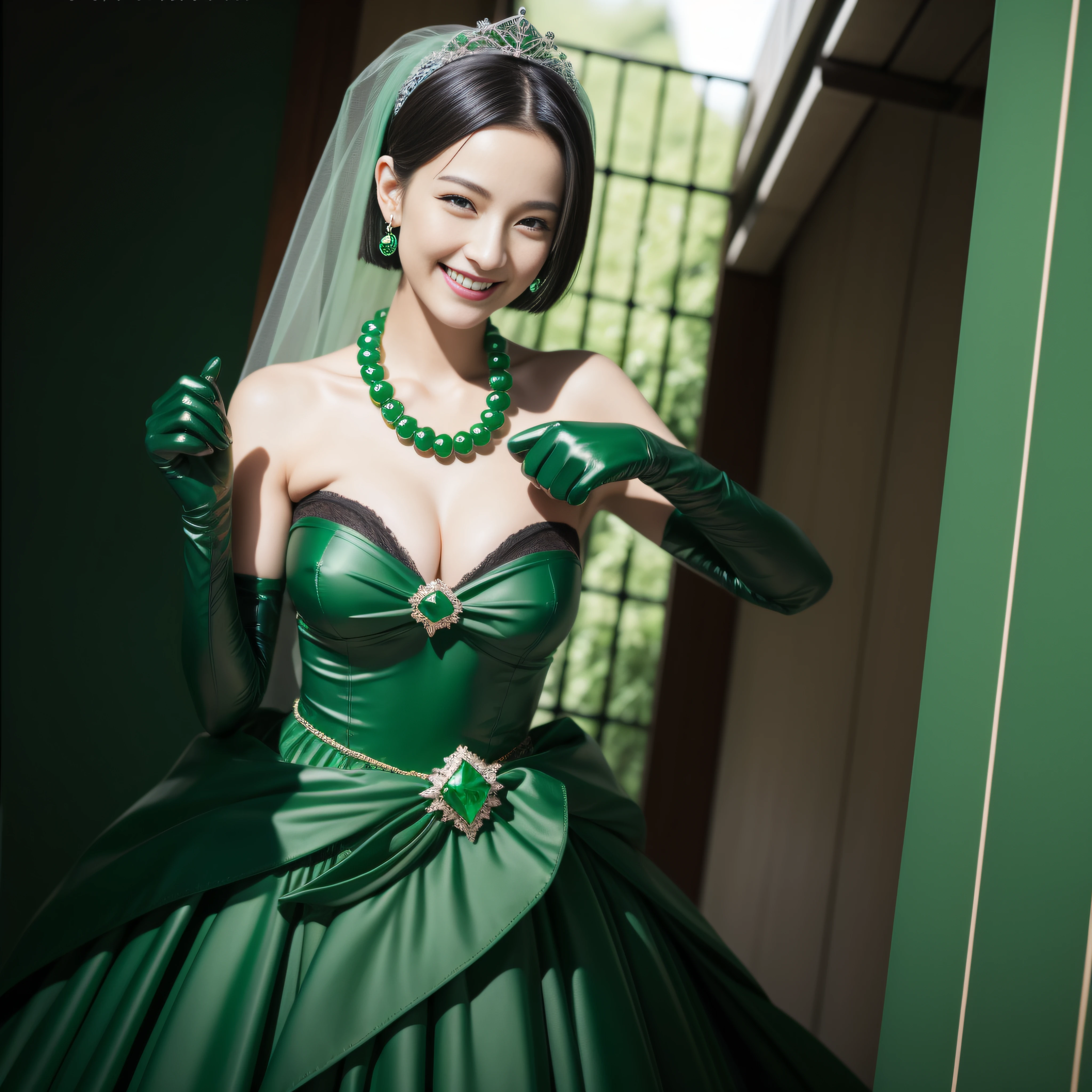 Boyish very short black hair, lipsticks, Japan woman smiling, Green Long Grove, Emerald Tia boyish very short black hair, lipsticks, Japan woman smiling, Satin green long gloves, Green Pearl Necklace, verd s eyes, Green eyes, Long green gloves made of satin material, big breasts beautiful, Green Bridal Veil, Green eyes, Emerald Earrings,emerald tiara, Green eyes
