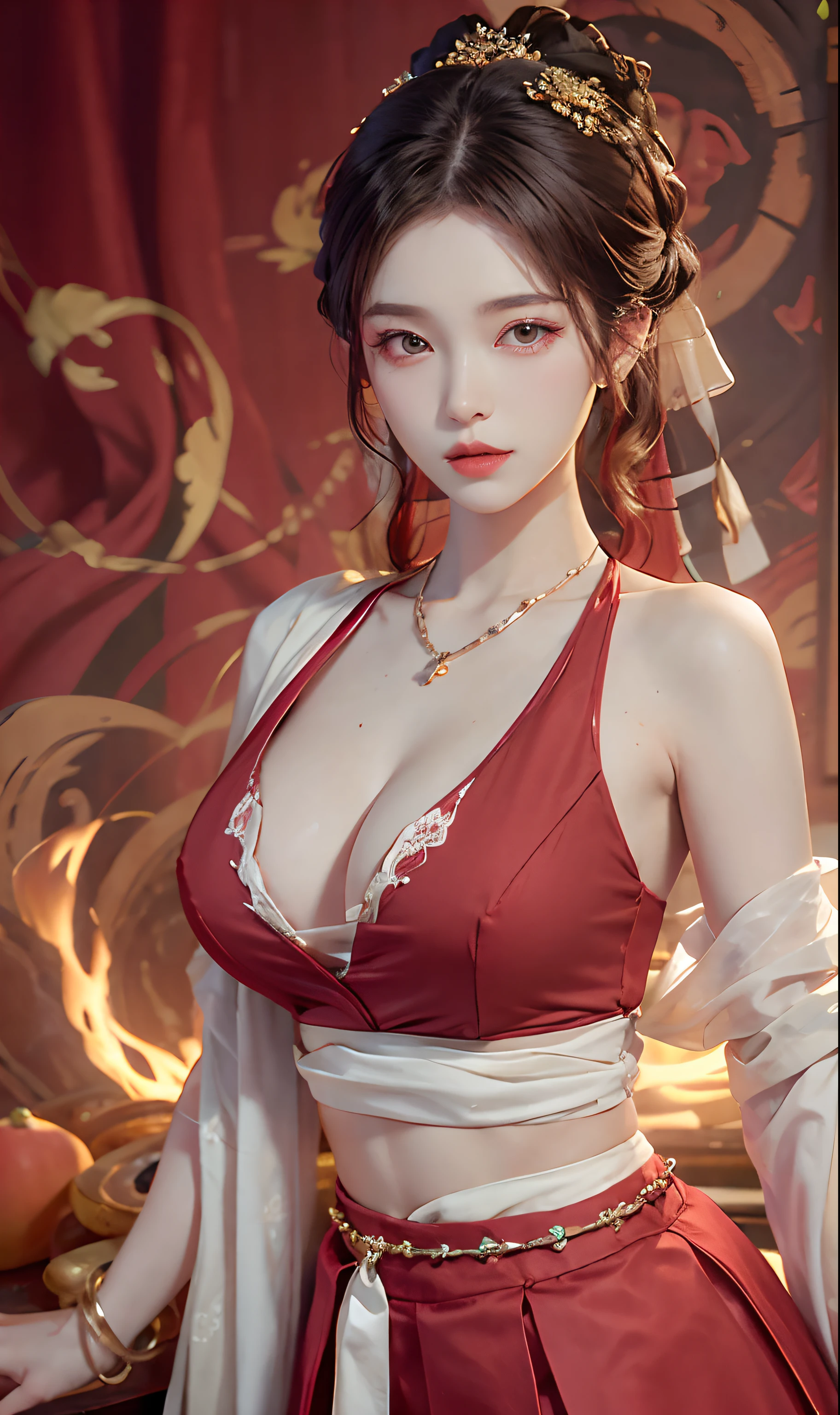 （RAW photogr，best qualtiy）， best qualtiy， The is very detailed， tmasterpiece， ultra - detailed， illustratio， one-girl， （huge boob，cleavage）， dynamic angle， best qualtiy， extremely detailed CG unity 8k wal，电影灯光，Dunhuang-style women wear waist skirts，Upper body dark red collared shirt，Wrapped in a heavy chest，The waist is just tied around the waist，Pendant with pressed skirt beads，The skirt is a pale white pleated skirt；Eyes like apricots，The lips are lit with vermilion rouge，With an intellectual temperament，Beautiful without losing stability and maturity。