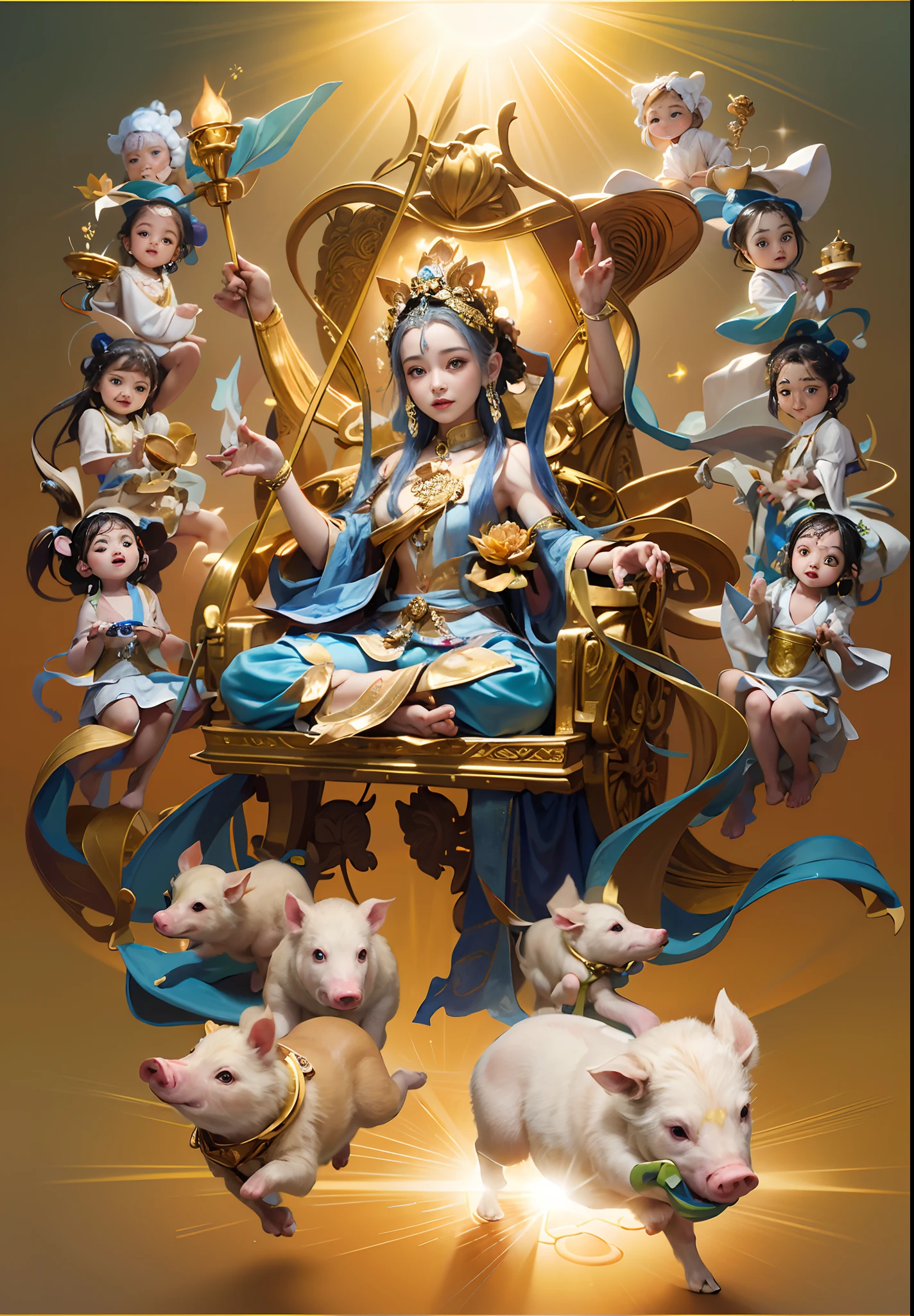 Beautiful woman sitting in a golden car, (((Golden lotus throne))),The woman wears a light blue dress,Light blue pants,(((Head background with round light))),(((Behind it is the sun))),(((Women emit bright and dazzling blue light))),Women have three heads,In total, The arm has eight mudras,Take all kinds of metal weapons,Barefoot on both feet,There are seven piglets pulling carts in front,goddess of love and peace, indian goddess of wealth, Heavenly Bodhisattva, goddess art, goddess of wisdom, an ancient Chinese goddess,photorealestic,professional photoshooting,Realiy,超高分辨率,tmasterpiece,