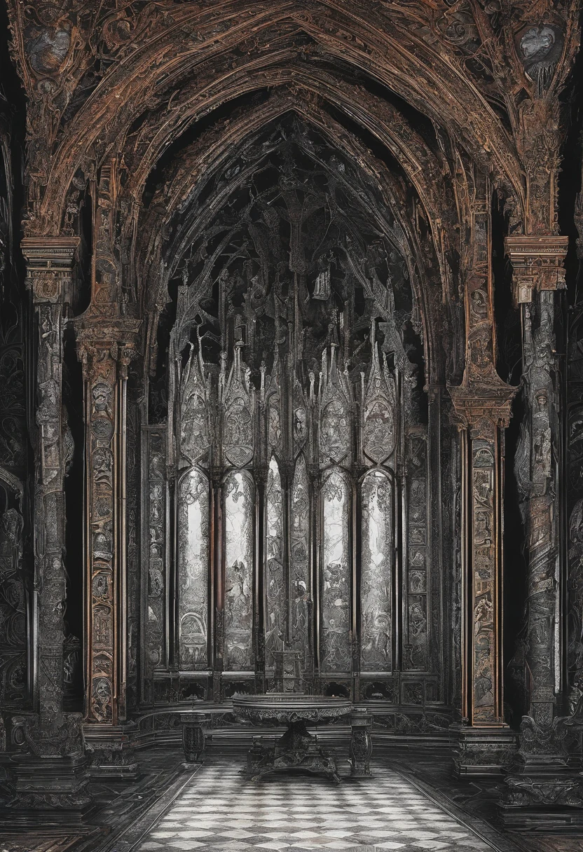 /imagine prompt: color photo of: "Dracula's castle, with golden furniture and decorations, seen from inside one of the rooms, a noite, gothic style, cores escuras predominantes"
,luxurious gold-plated furniture, with intricate details and hand-carved,
,um lustre imponente, with pendant crystals reflecting faint light,
,walls lined with black tapestries, adornadas com bordados dourados,
,uma lareira majestosa, framed by black marble and shimmering red embers,
,janelas altas com vitrais coloridos, filtrando a luz externa em tons sombrios,
,um tapete persa, tecido com fios dourados e desenhos intricados,
,an enigmatic and oppressive atmosphere, as if the air itself exuded mystery,
,Sony Alpha A7 III digital camera,
,filme colorido Ilford Delta 3200,
,lente Sony FE 24-70mm f/2.8 GM,
,Long exposure technique to capture the details in the darkness,
,Tim Burton, Guillermo del Toro, Dario Argento, Alexander McQueen, H.R. Giger —c 10 —ar 2:3