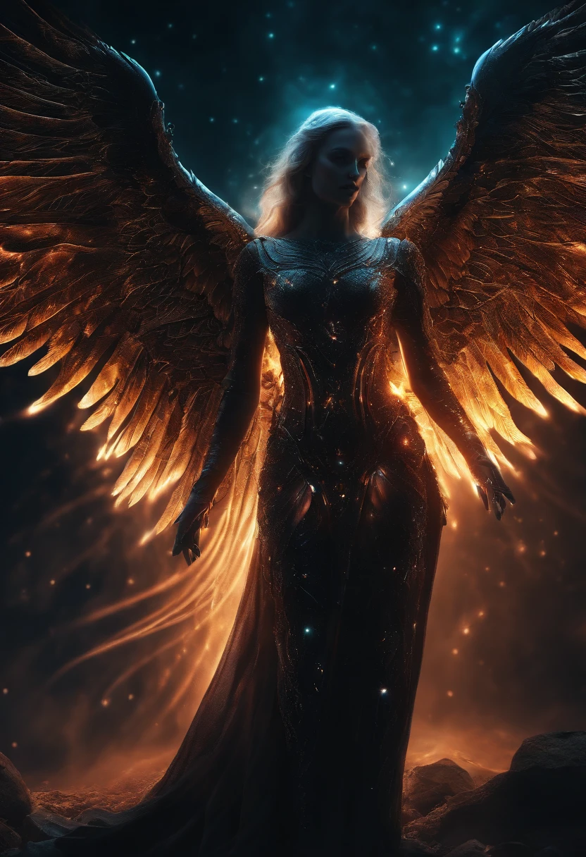 Cosmic Fallen Angel, glowing light eyes, Biomechanical, eerie, Creepy, nightmarish, Very bright colors, Light particles, with light glowing, Mshiff, wallpaper art, UHD wallpaper