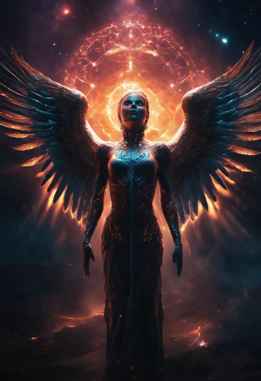 Cosmic Fallen Angel, glowing light eyes, Biomechanical, eerie, Creepy, nightmarish, Very bright colors, Light particles, with light glowing, Mshiff, wallpaper art, UHD wallpaper