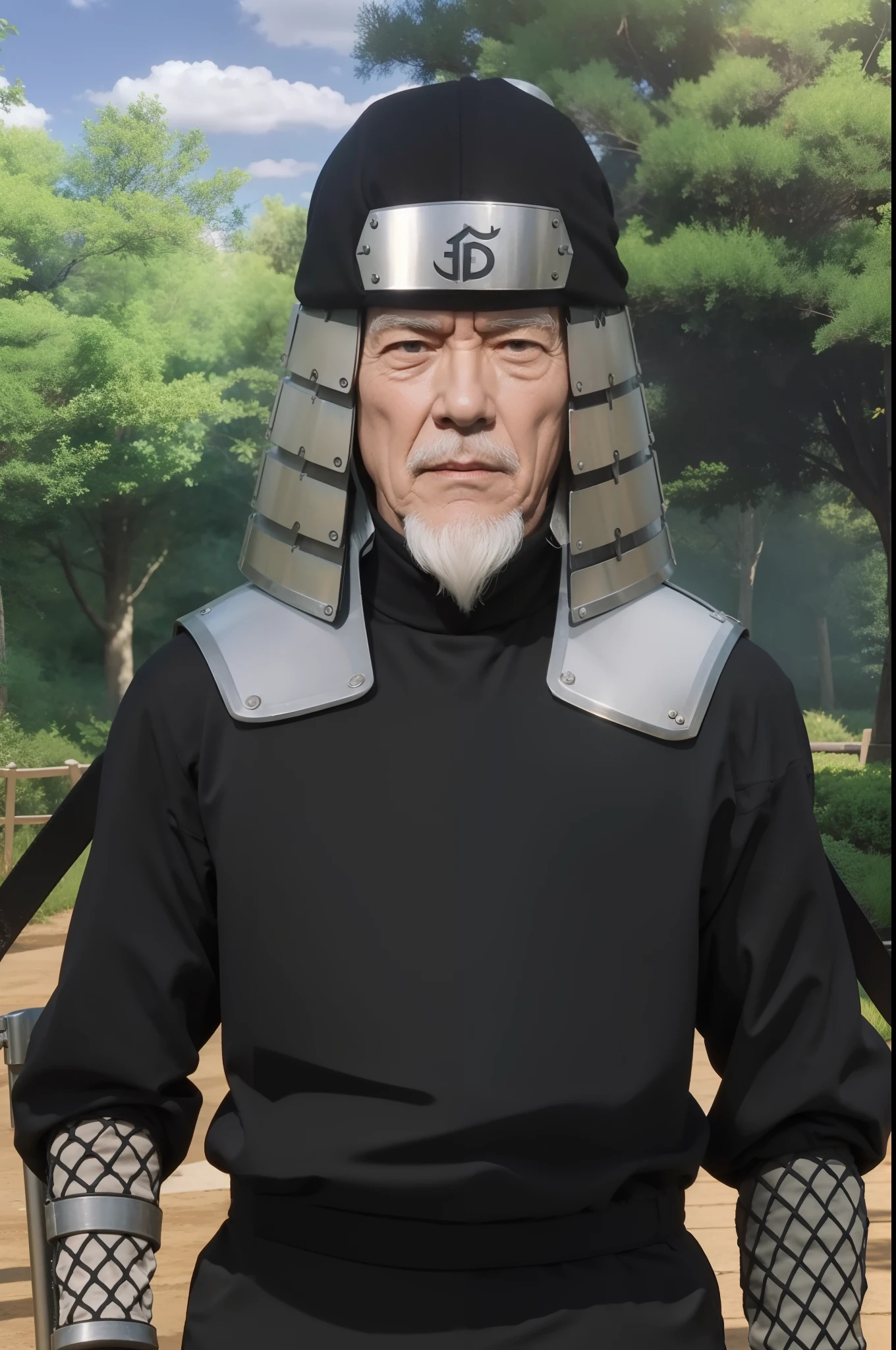 life adaption of this character, Old grandfather, realistic outfit wearing Iron head armor ,muscular body,realistic light, realistic shadow, hyper realistic, realism,(photorealistic:1.2),