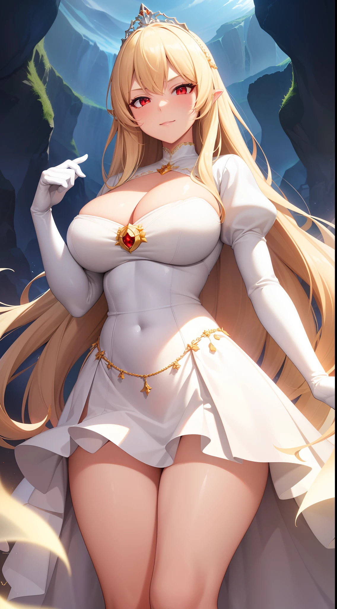 (best quality:1.5, highres, UHD, 4K, detailed lighting, shaders), blonde straight hair, large breasts, (white princess dress, white tiara), cleavage, thighs, skirt, standing, (pov), night, cave background, (red eyes, smug face)