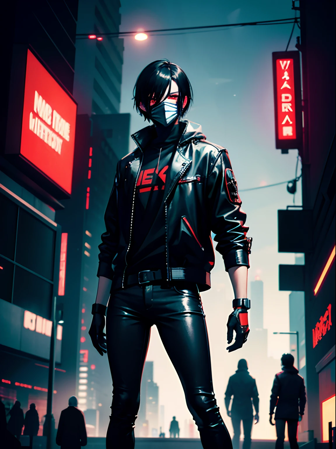 2 males, short black hair, red eyes, cyberpunk mask, skinny jeans, cyberpunk night city background, absurdres, high res, ultrasharp, 8K, masterpiece, looking at viewer