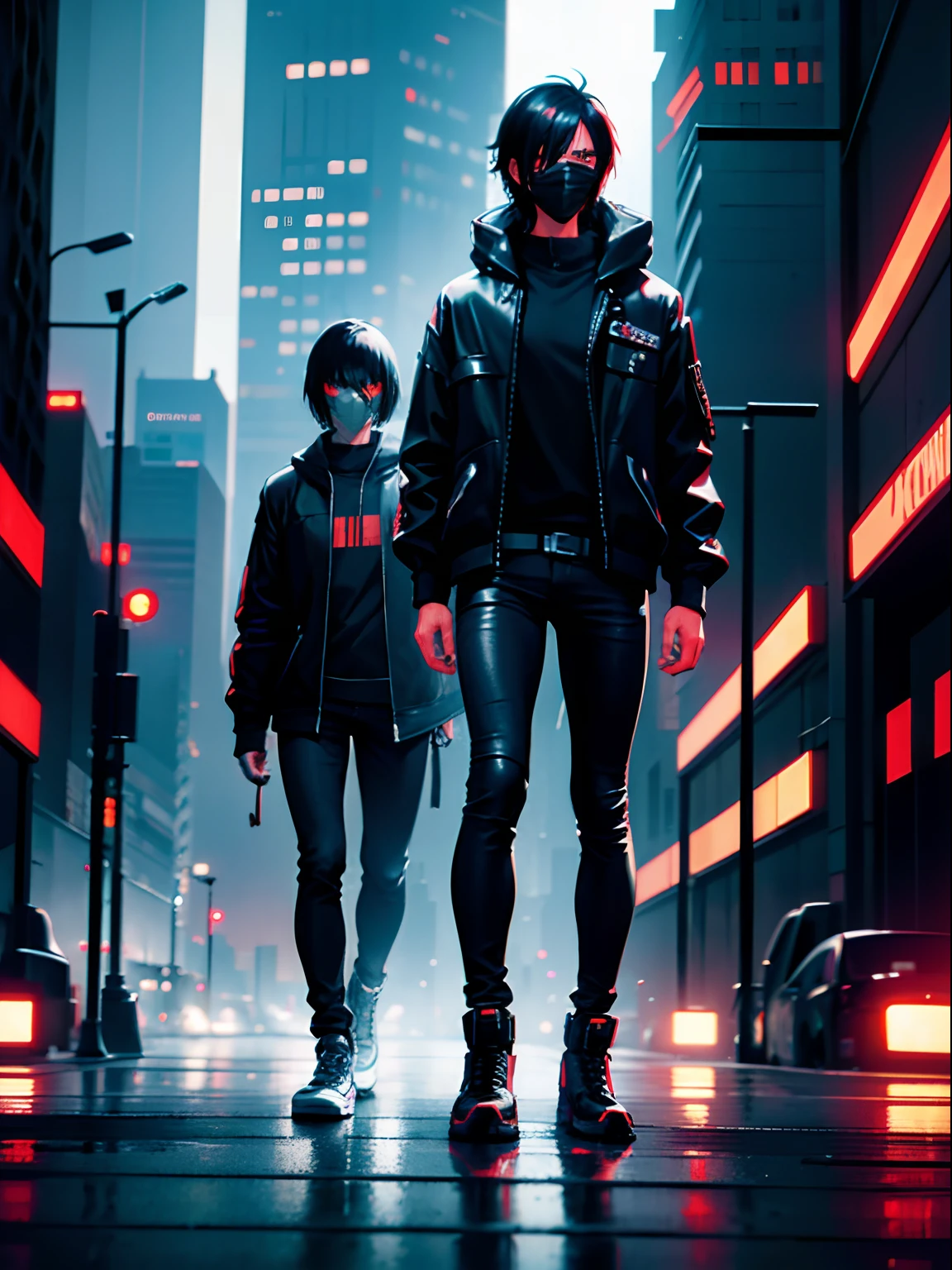 2 males, short black hair, red eyes, cyberpunk mask, skinny jeans, cyberpunk night city background, absurdres, high res, ultrasharp, 8K, masterpiece, looking at viewer