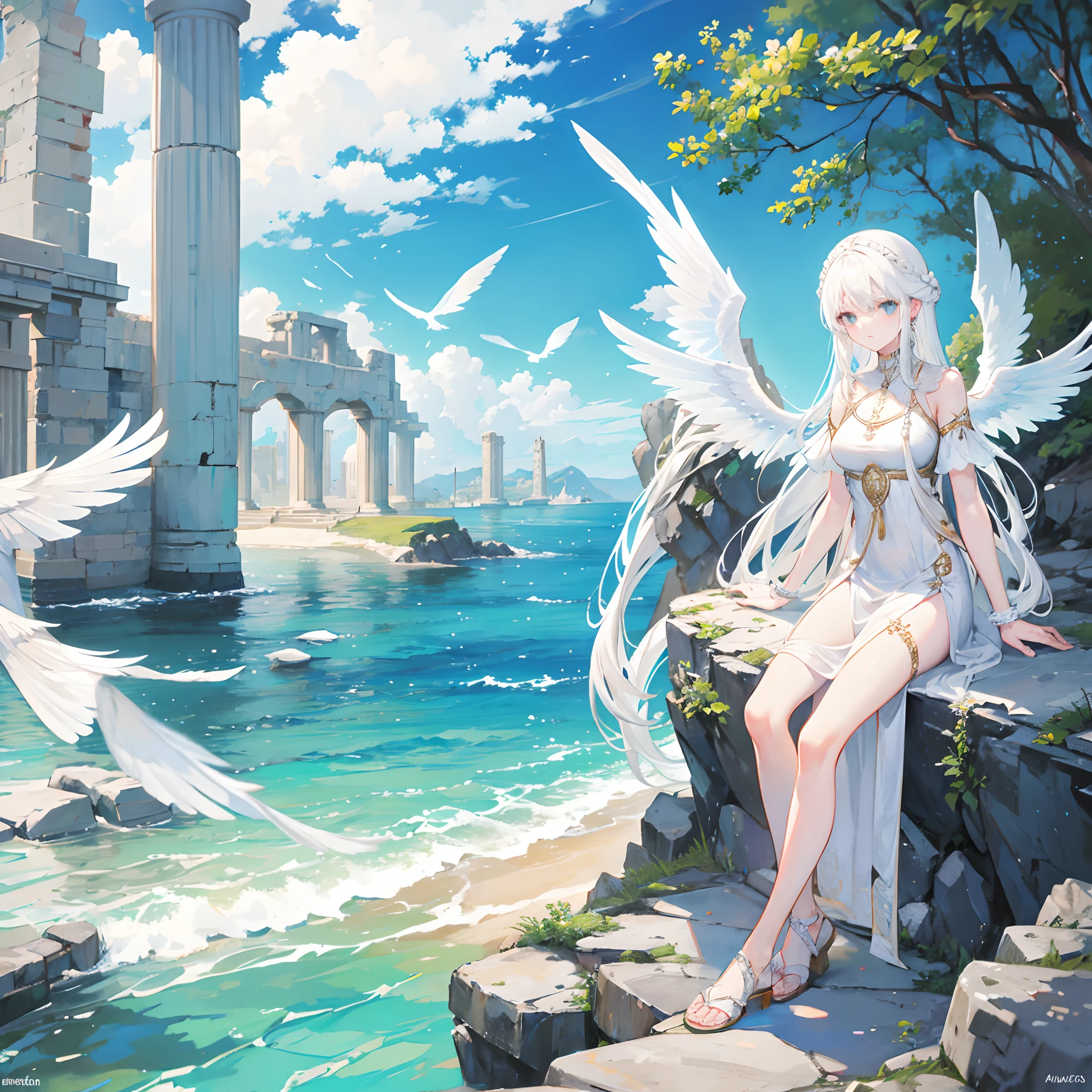 (masterpiece,Highest quality, Very detailed, beautiful, Exquisite, 16K, Full HD),A girl emerged from the sea, The Swan Princess of Russian Mythology, beautiful穏やかな顔, blue eyes, Long blonde hair braided, The sun is woven into the hair at the back of her head, Old Russian shiny white clothes, On her head is a kokoshnik crown, Affectionate look, Half-laugh, There was a gentle look on his face, Background seascape and sunlight, full length, Photorealism
