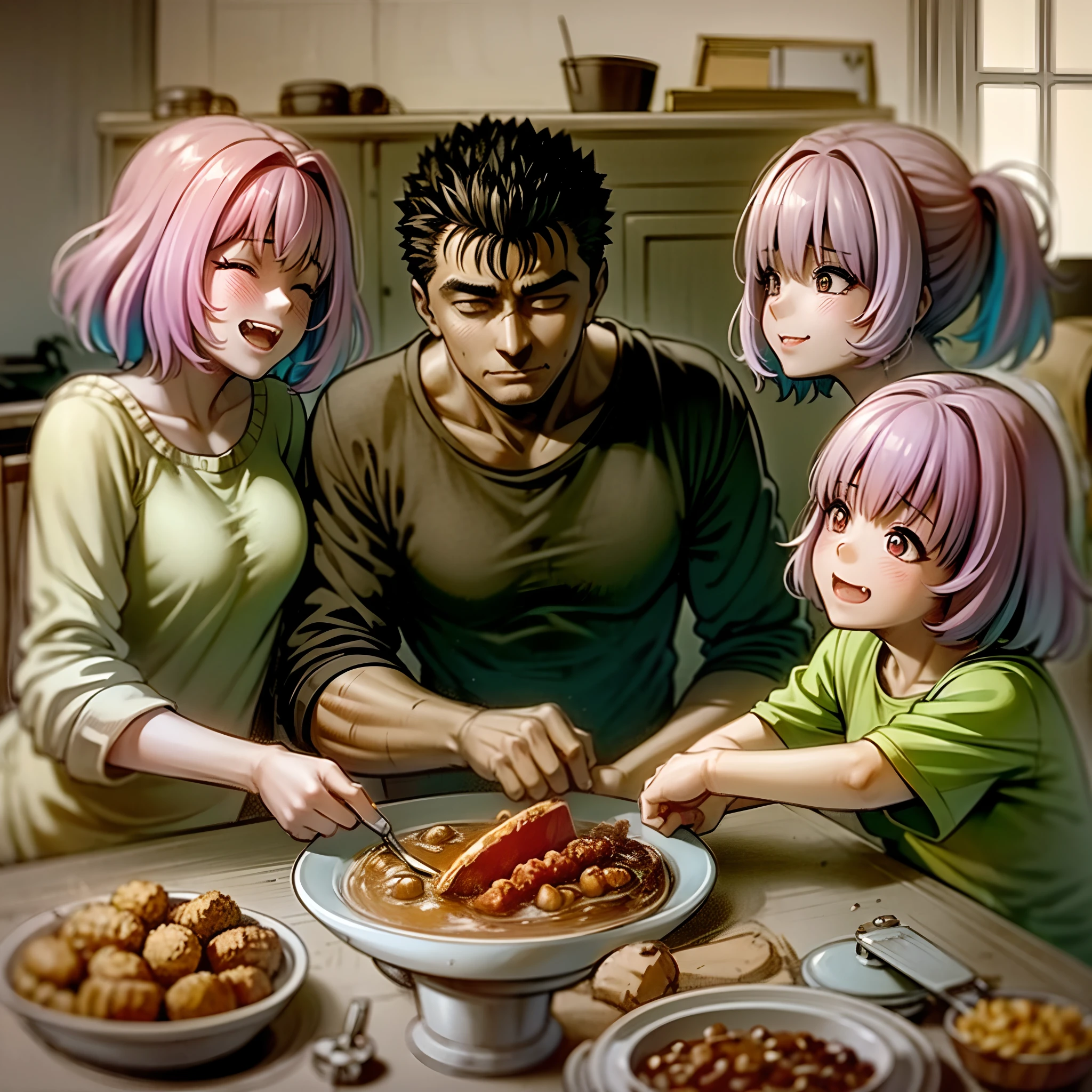 riamu yumemi,guts,couple,husband and wife,riamu motherly,house wife,cooking,mother and son,children,family,happy,(best quality,4k,8k,highres,masterpiece:1.2),ultra-detailed,(photo1.37),joyful,loving,embrace,adorable,cheerful,blissful,togetherness,warmth,smiles,vibrant colors,sunshine,beautifully lit,cosy home,harmonious,family bond,making memories,satisfying meal,homemade food,laughter,motherly affection,playful kids,herb garden,spacious kitchen,life's small joys,dreamy,wholesome,carefree,affectionate gaze,authentic moments,harmony of love and simplicity,unconditional love,tranquil,heartwarming,captured memories,cherished moments,intergenerational love,endless laughter,tight-knit,fond memories,blessed family,treasuring time together,priceless happiness