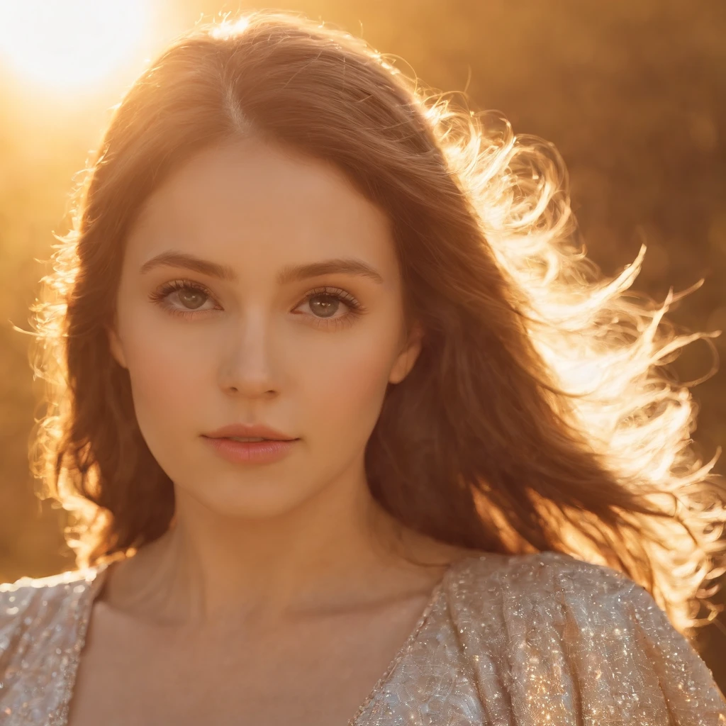 kiddy big breasts, adolable, sideface, Look at the sun, radiating with light, Romanticism, Op art, sparkle, god rays, ray tracing